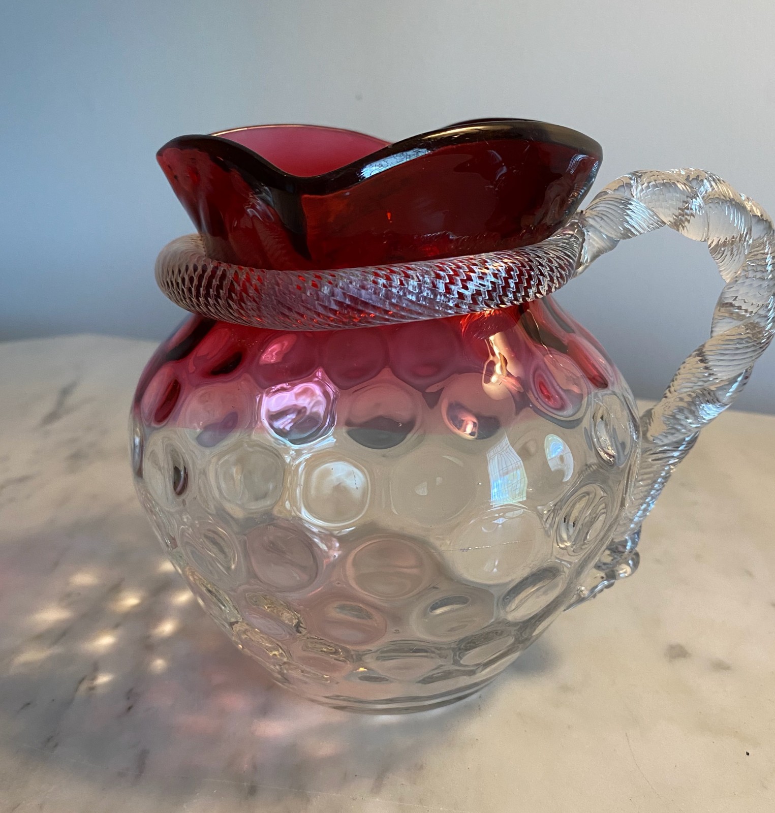 Small Antique Cranberry Coin Dot Pitcher With Twist Rope Handle c1840