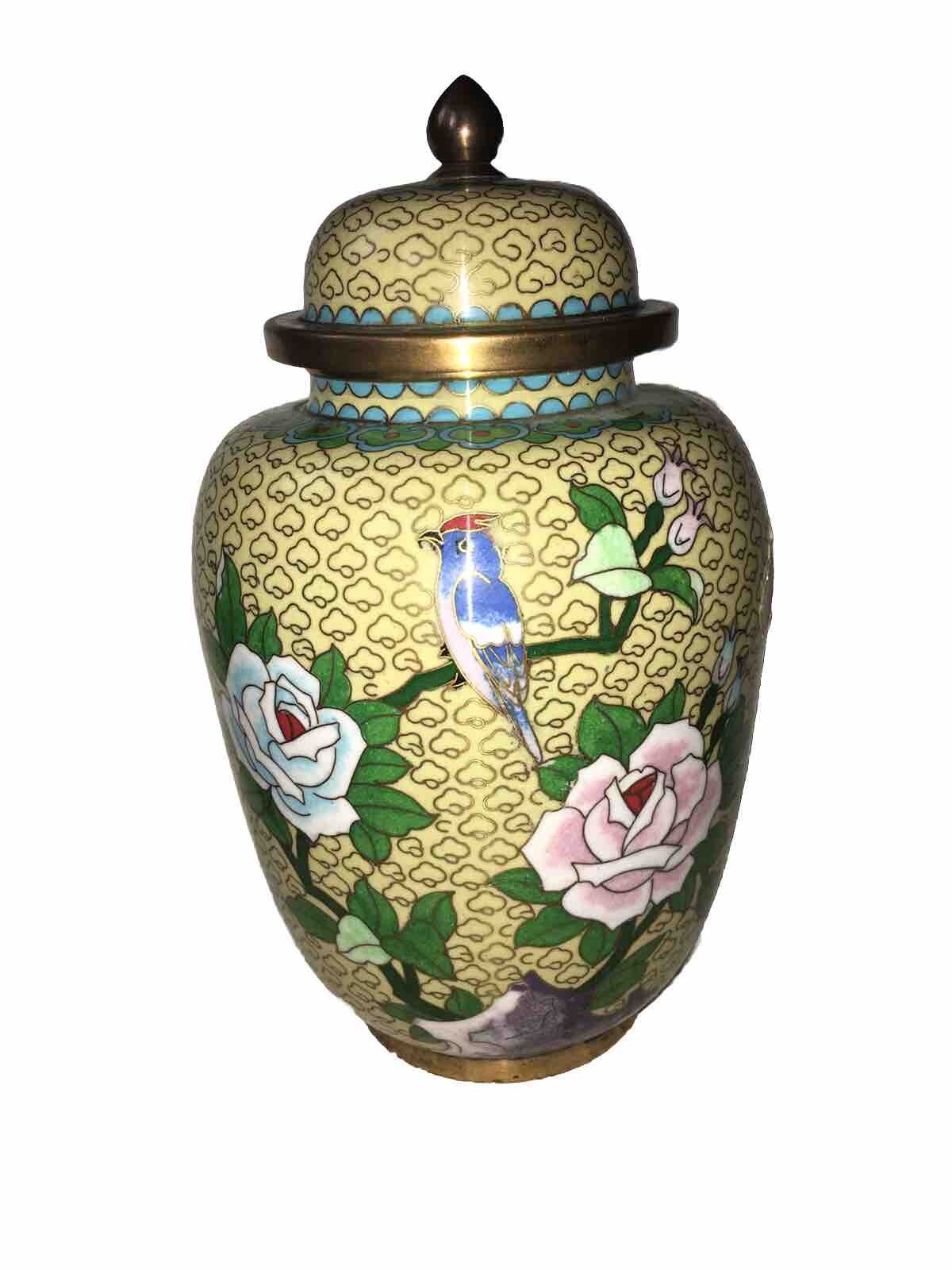 Antique Vintage Chinese Bird Floral Brass cloisonne lidded jar Urn VASE