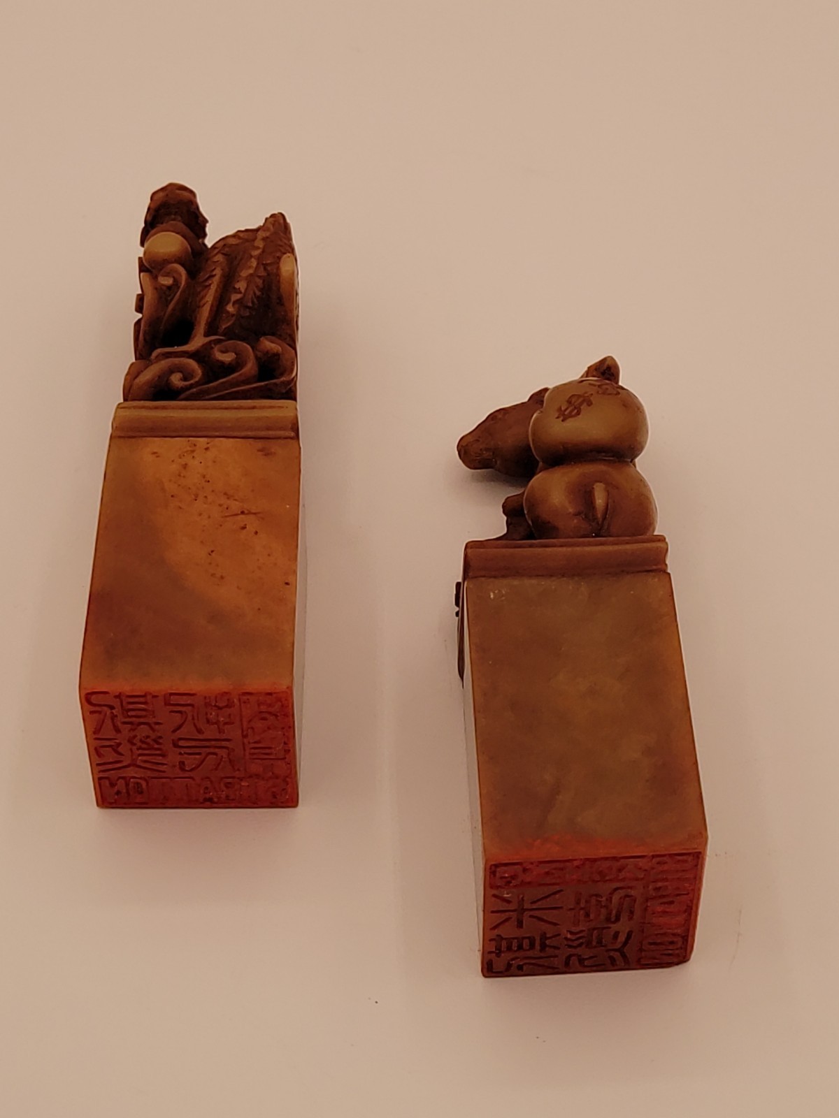 ANTIQUE Lot of 2 China Chinese Stone Hand Carved Dragon & Rabbit Seal Stamp