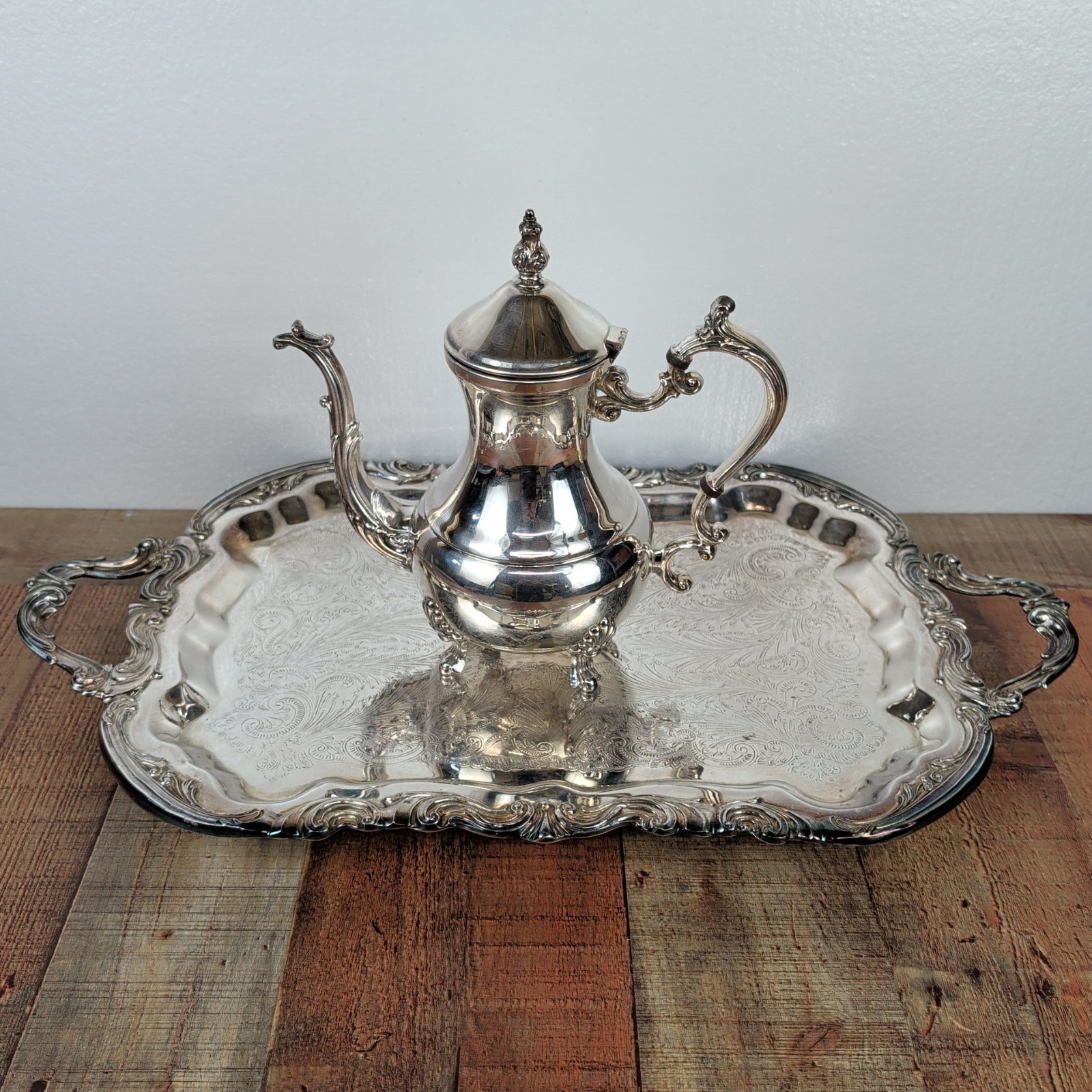 FB Rogers Silver Co Silverplate Coffee Pot & Serving Tray Set Ornate Victorian