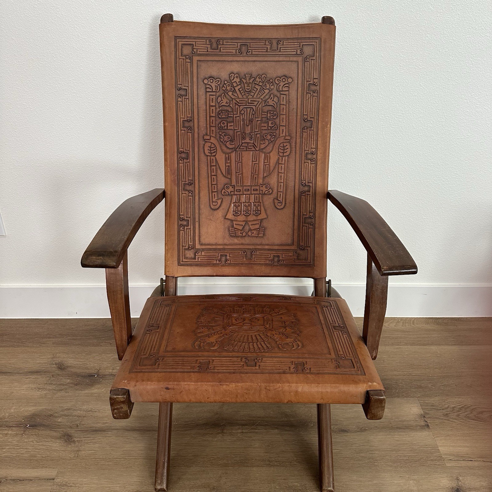 Vintage 60’s/70’s Ecuadorian Embossed Leather & Wood Folding Chair High Back