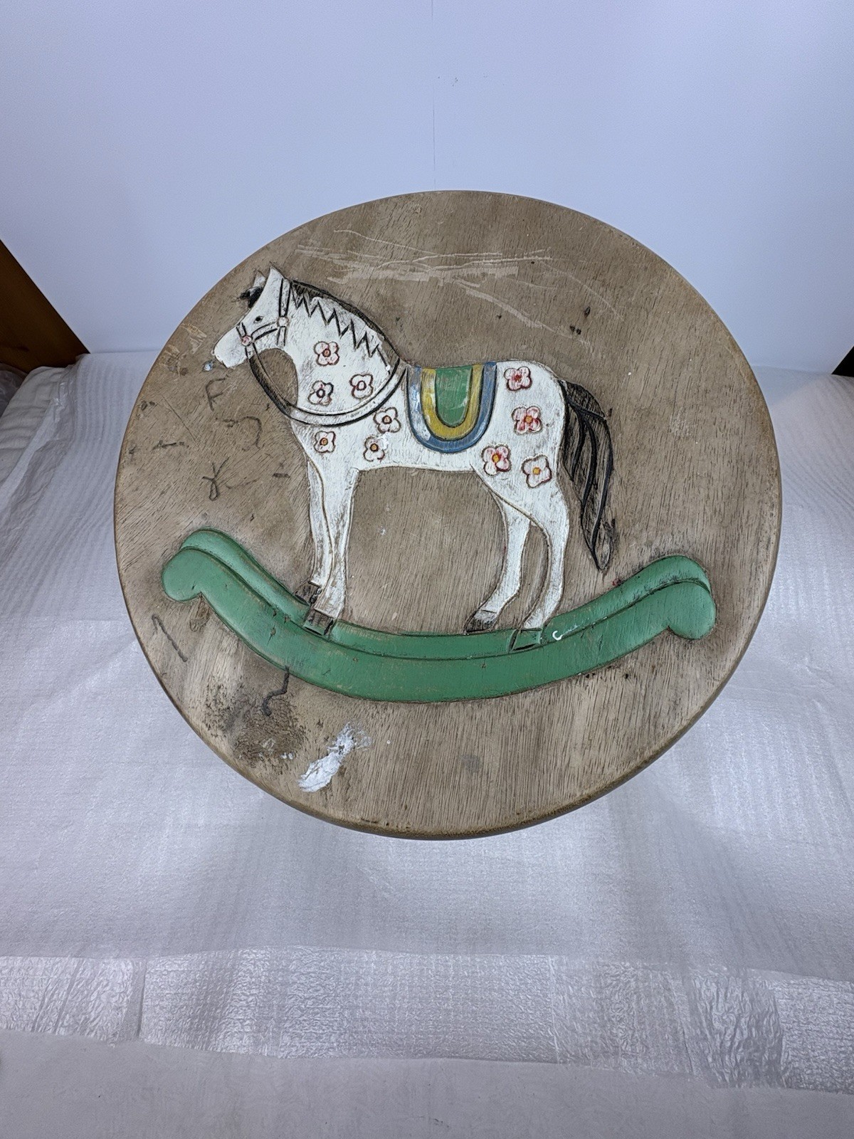 Vintage Childs’ Illustrated Wooden Four Legged Stool – Green Rocking Horse