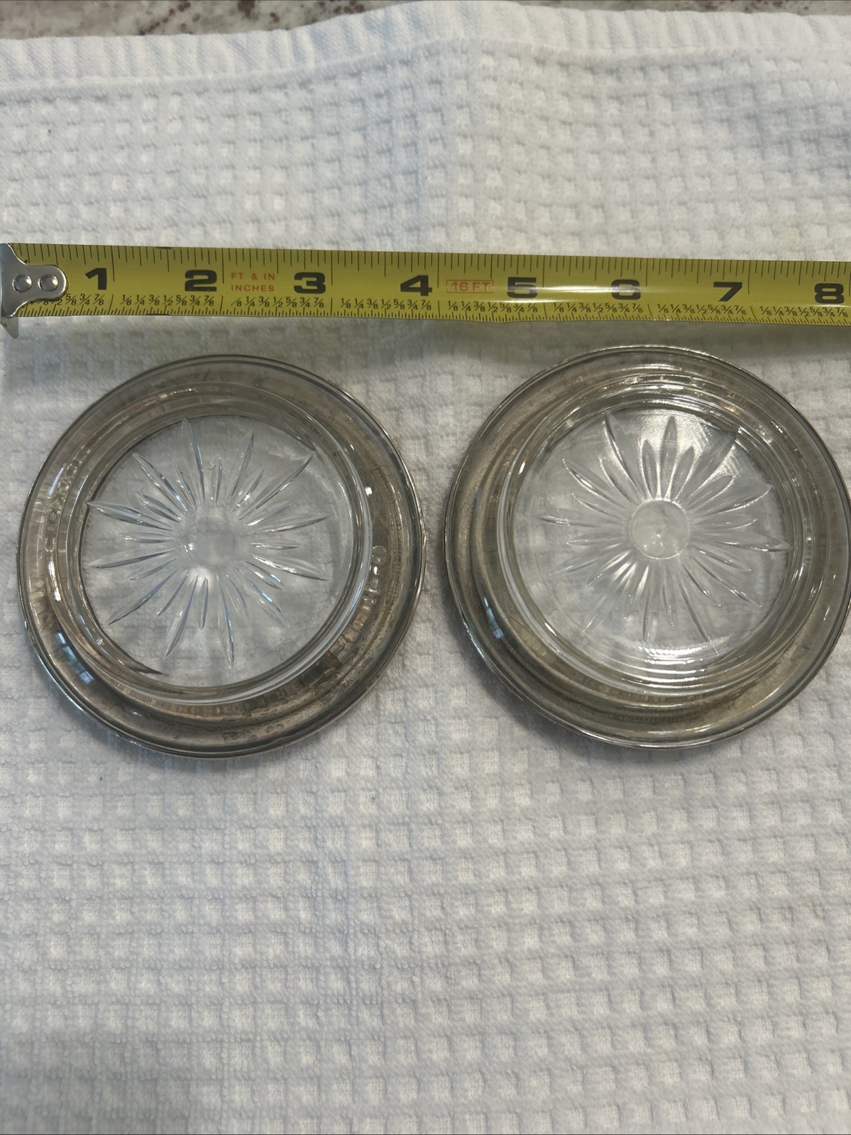 Vintage Botticelli Pattern Frank M Whiting Sterling Silver Glass Coasters. Two.