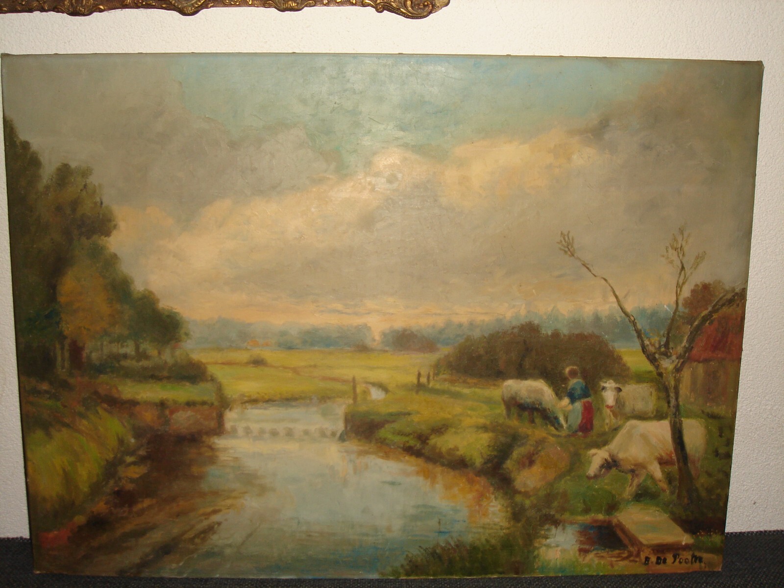 Large old oil painting,{ Landscape with cows, Bernard de Pooter, (1883 – 1970).