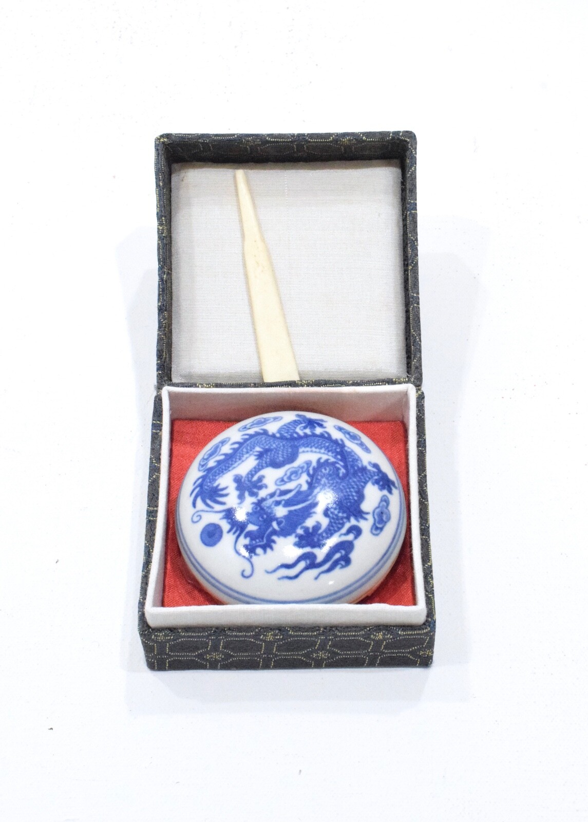 Craft Chinese Chop Cinnabar Stamp Ink Pad Dragon Porcelain Lid