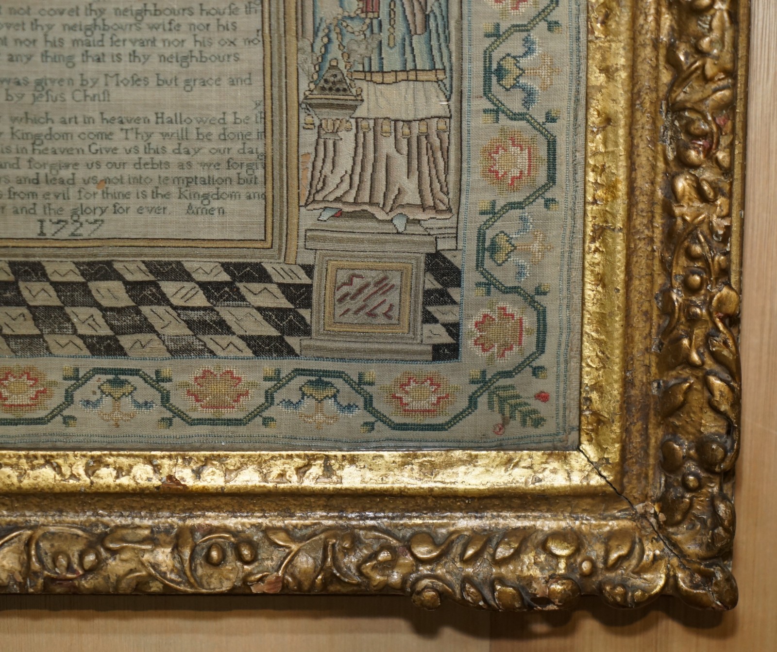 IMPORTANT ANTIQUE 10 COMMANDMENTS GEORGE I 1727 NEEDLEWORK SAMPLER MARY FARRAN