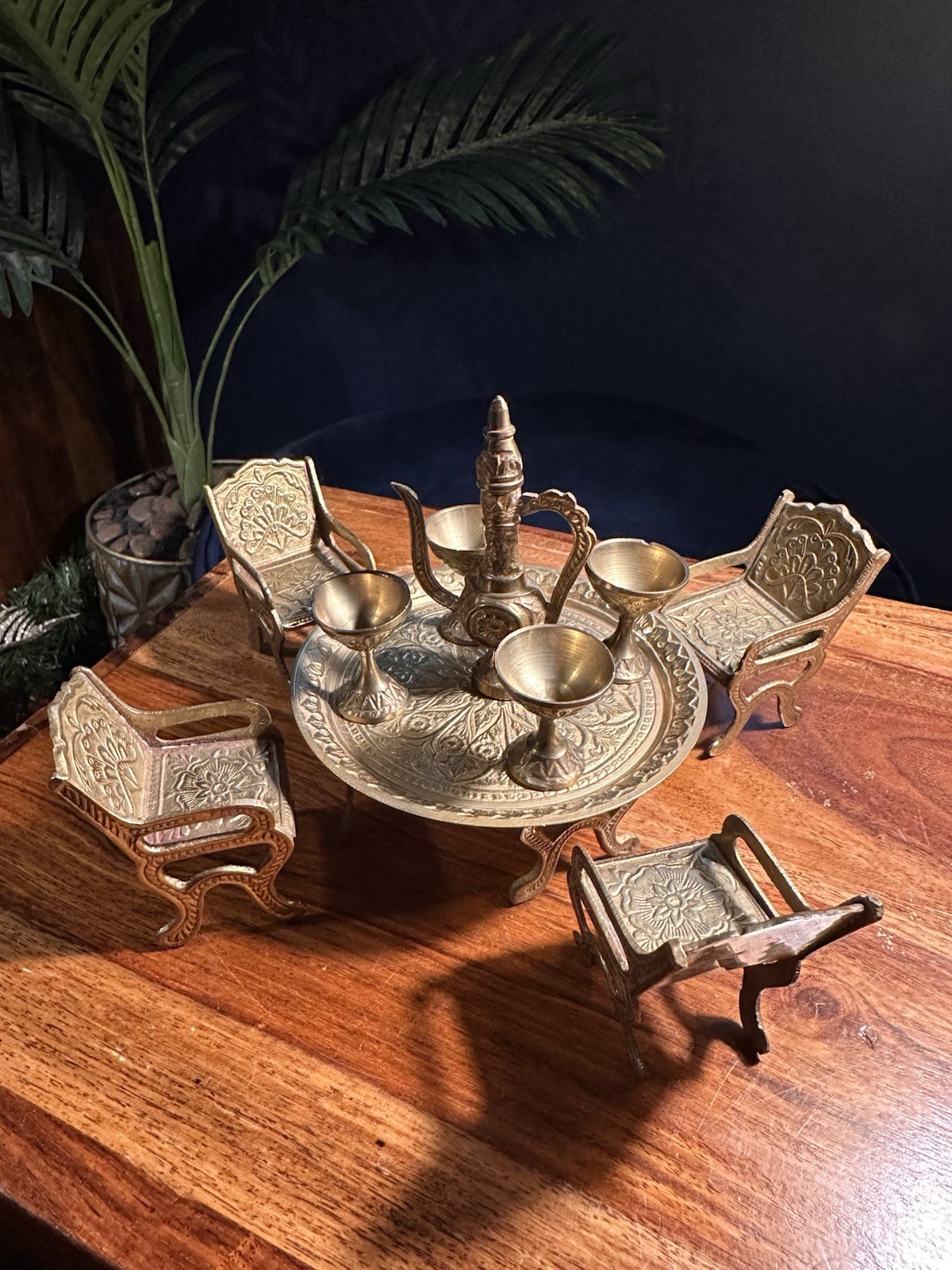Vintage Brass Miniature Middle Eastern Coffee Table Set With Chairs & Goblets