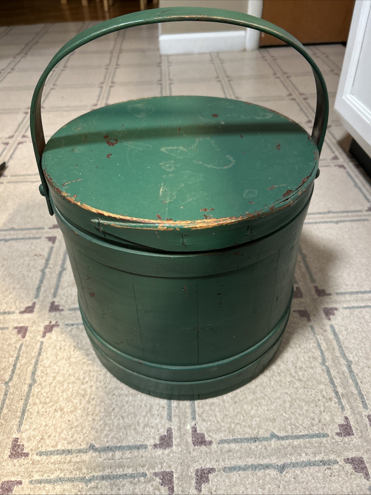 19thC Antique Primitive Wood Firkin Sewing Bucket w/Lid Old Green Paint