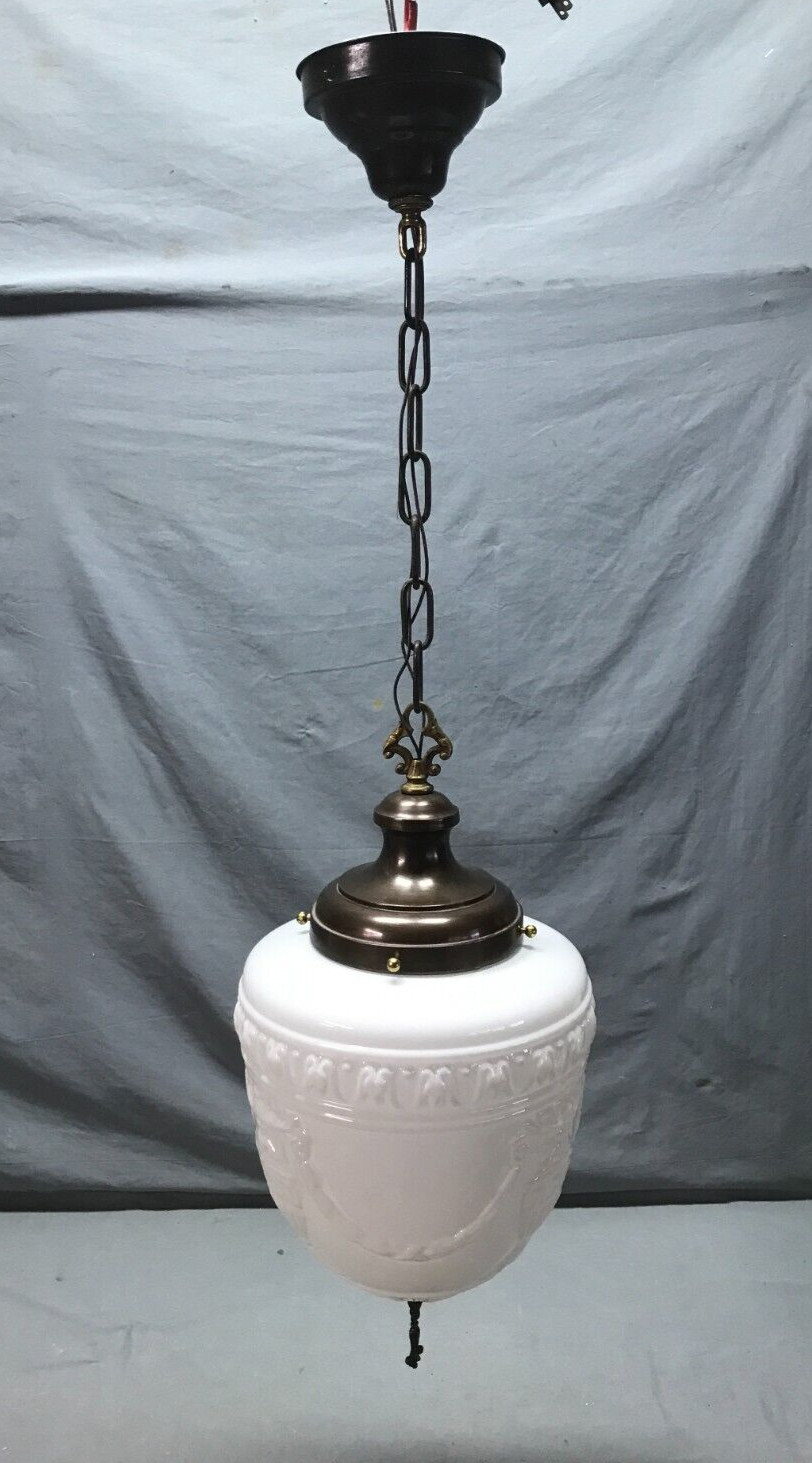 Antique Brass Decorative Acorn URN Pendant Light Milk Glass Globe VTG 364-25B