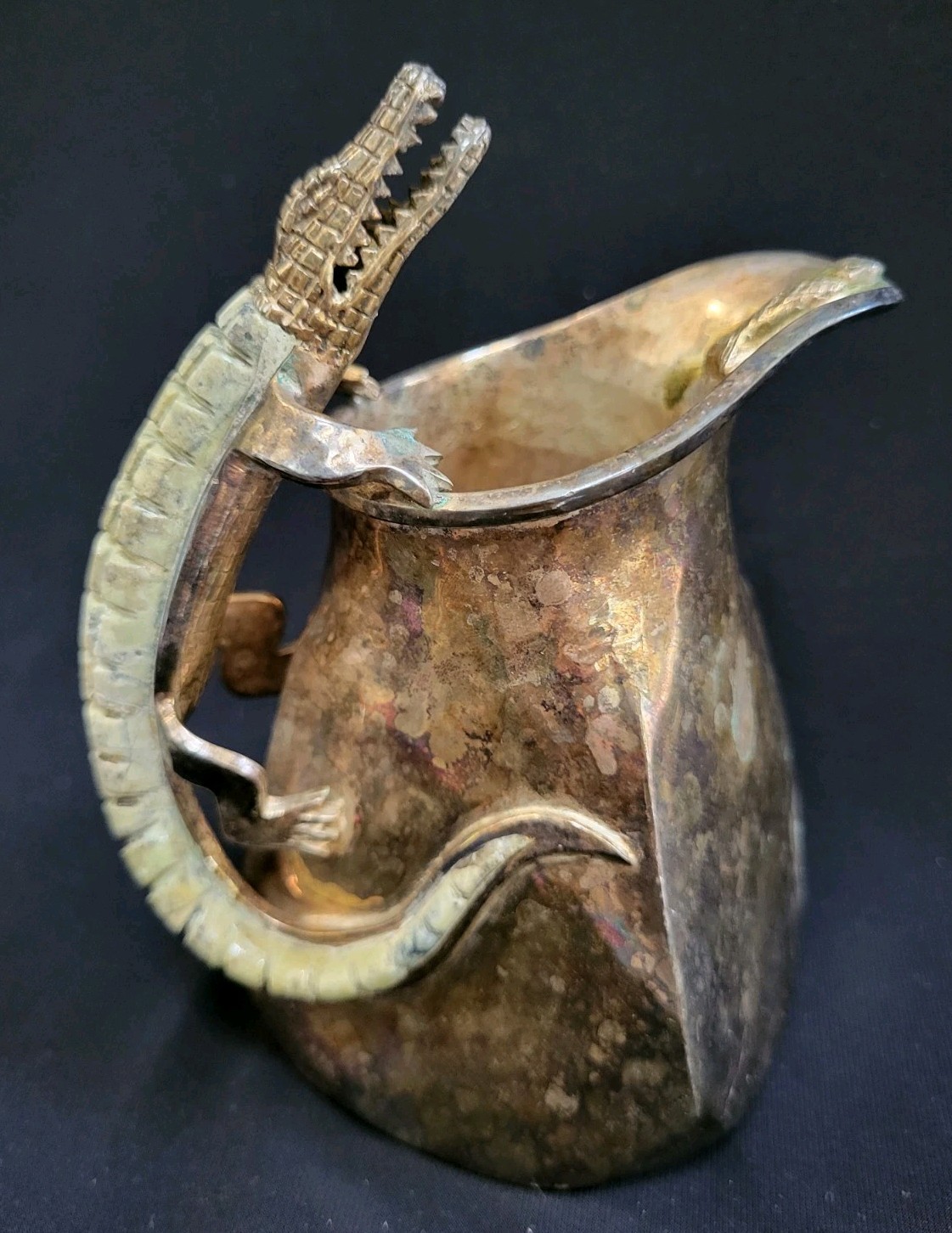 Vintage WOLMAR CASTILLO Silver Plated Alligator & Fish Creamer. AWESOME PATINA!