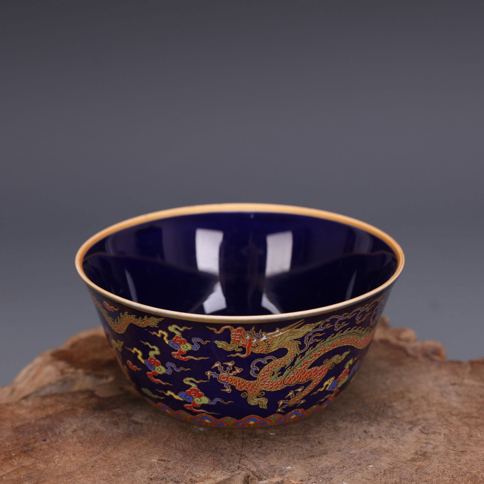 Chinese Ming Chenghua Blue Enamel Porcelain Dragon Design Teacup Cup 3.4 inch