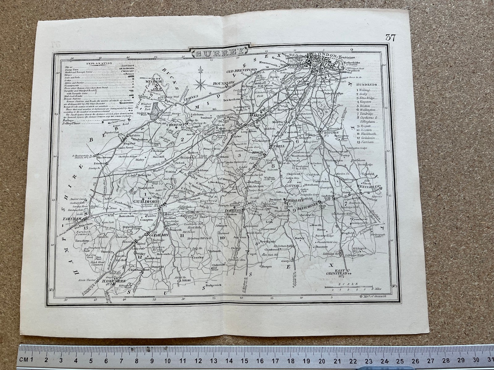 Surrey antique county map circa 1840 A1614 Dugdale