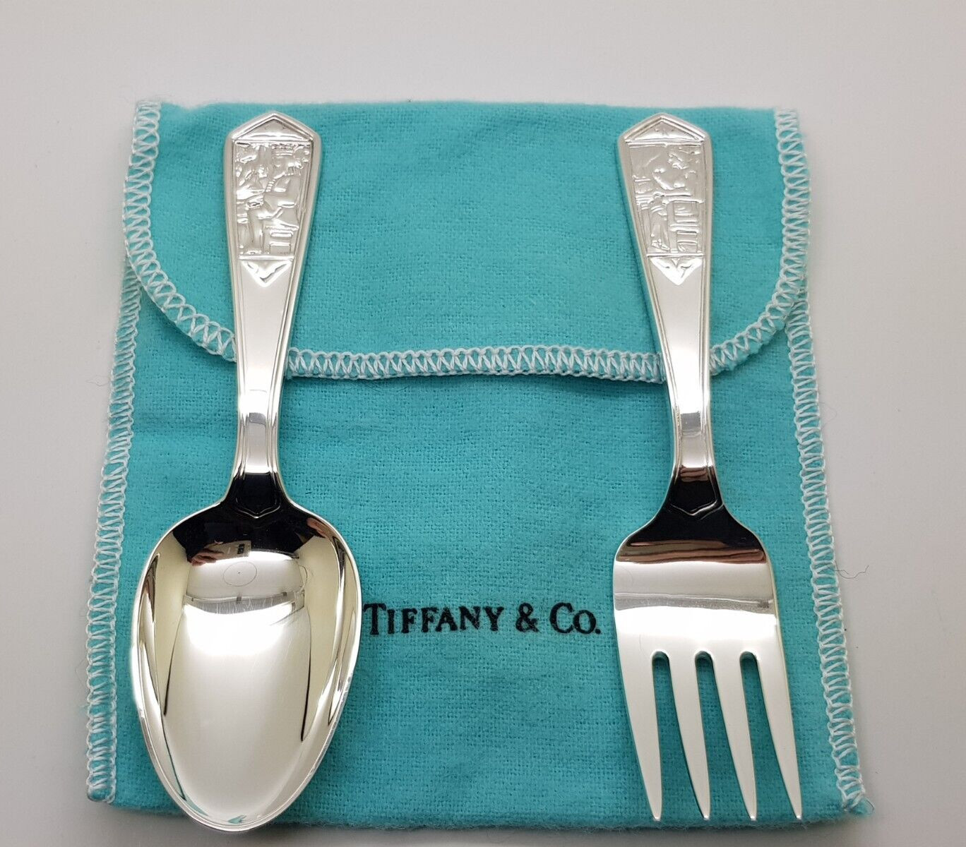Tiffany & Co. Sterling Silver Baby Set Spoon & Fork Nursery Rhyme w/ bag