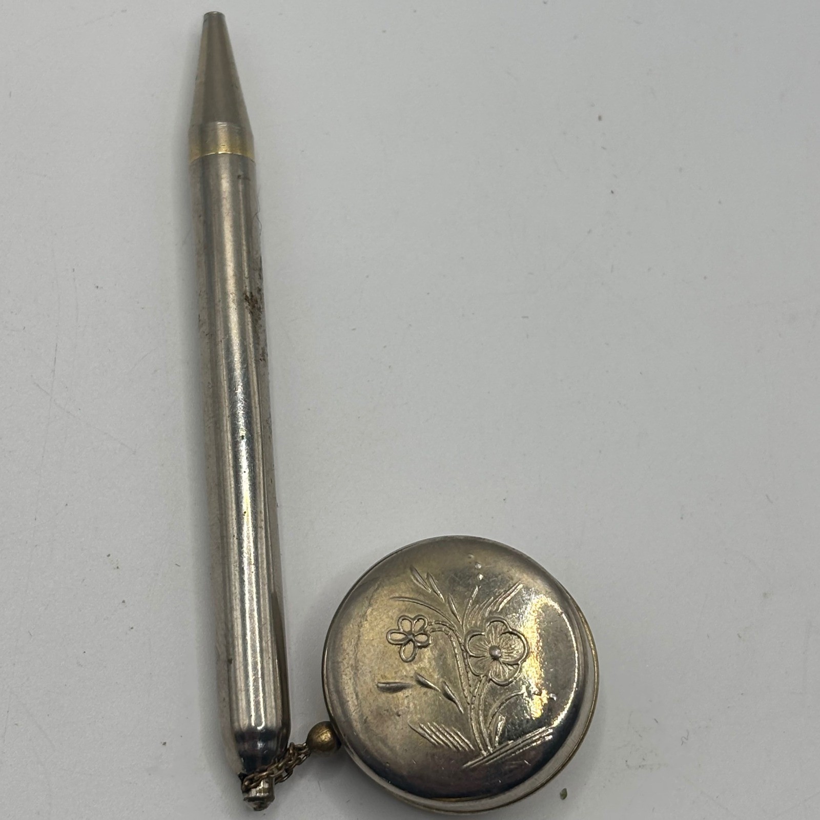 Antique Chatelaine Retractable Brooch Mechanical Pencil Floral Engraved Silver
