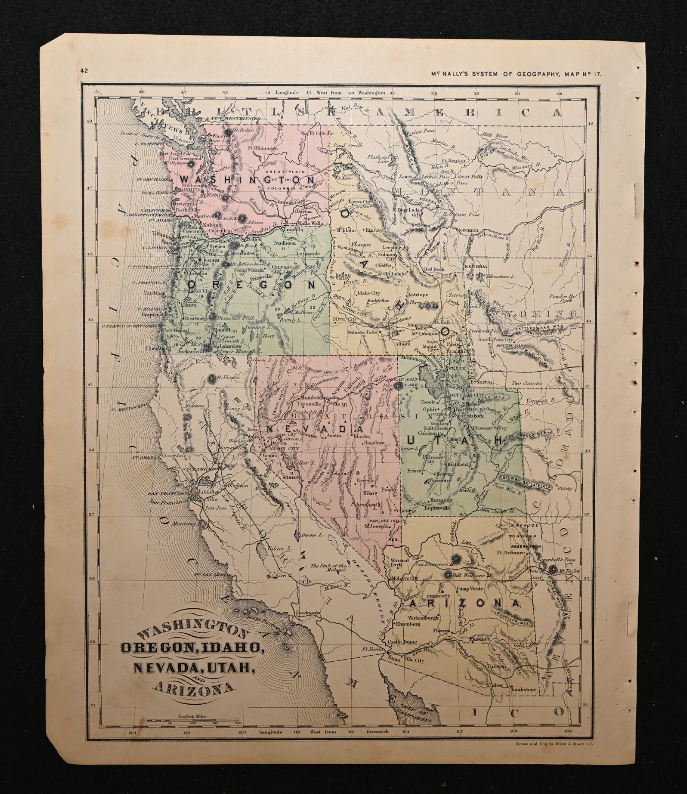 1866 Antique Map Washington Oregon Idaho Nevada Arizona Utah McNally Original