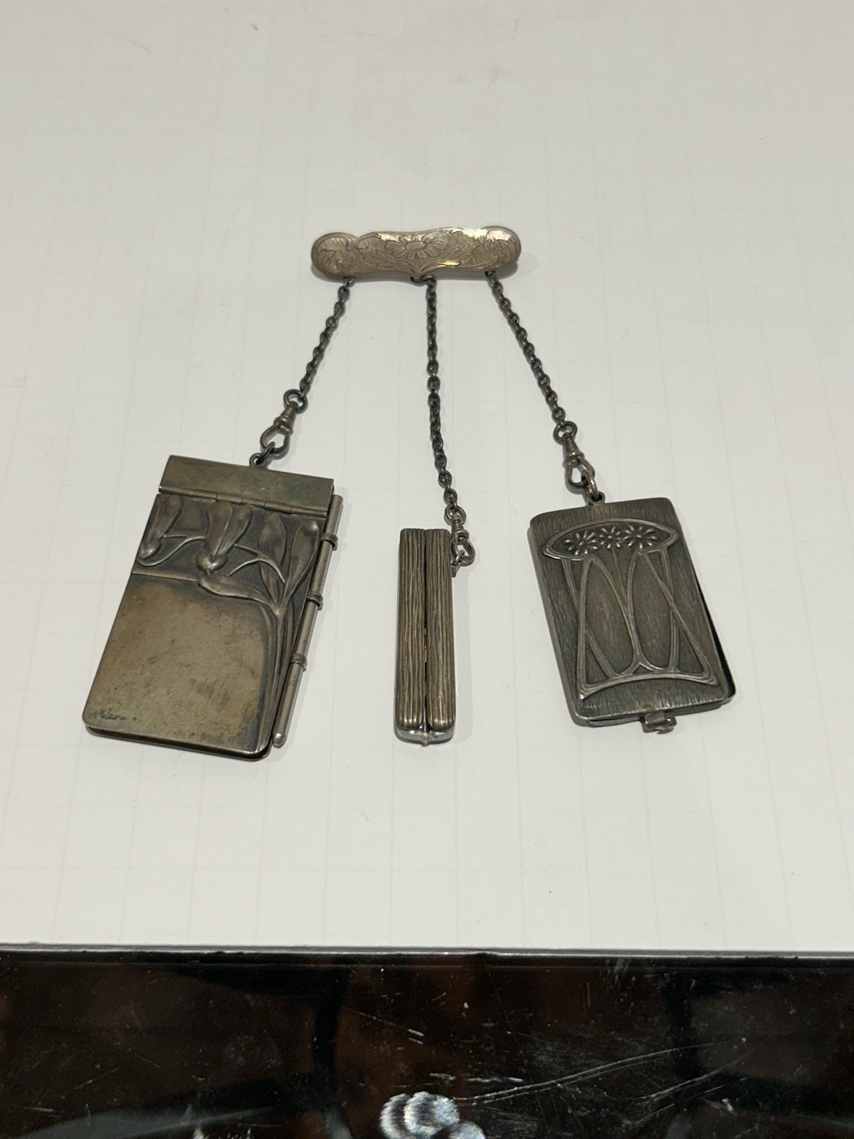 FINE VICTORIAN SOLID 800 SILVER ART NOUVEAU CHATELAINE GERMAN SIGNED EXCELLENT