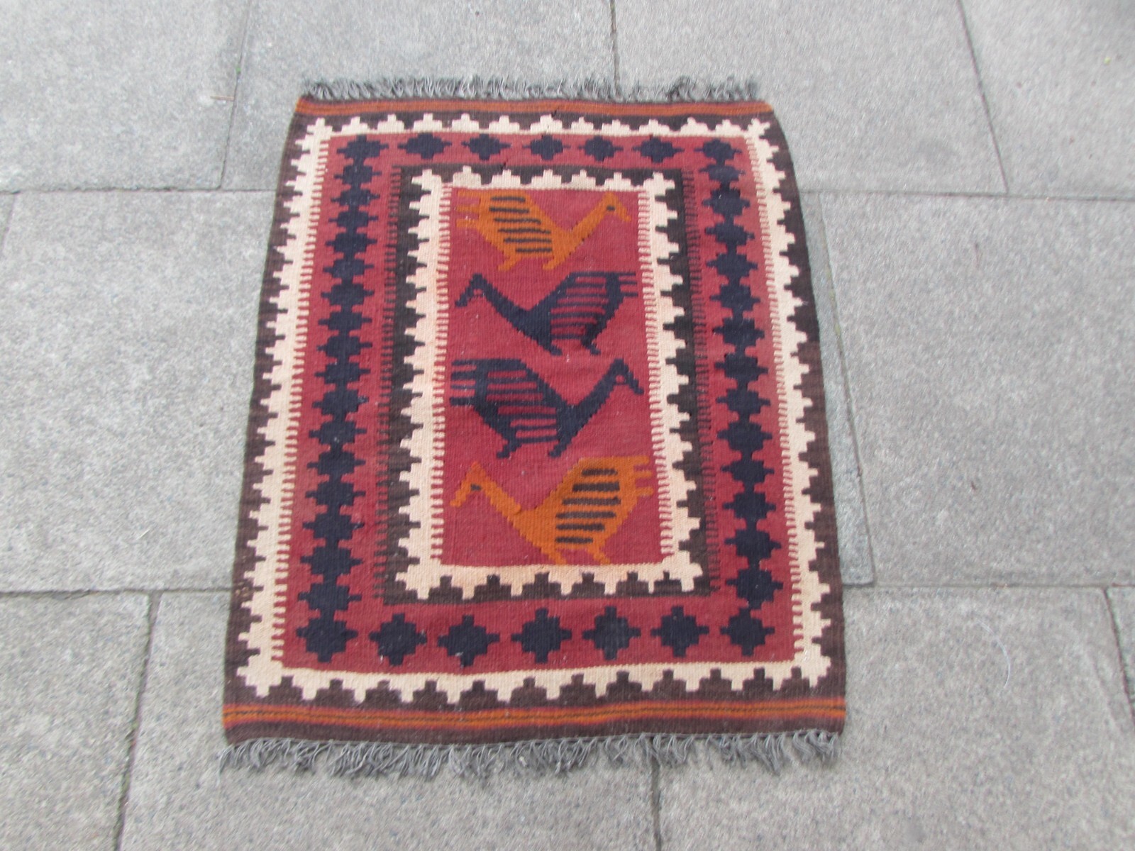 Vintage Traditional Hand Made Oriental Brown Wool Kilim 95x79cm Bird Animal
