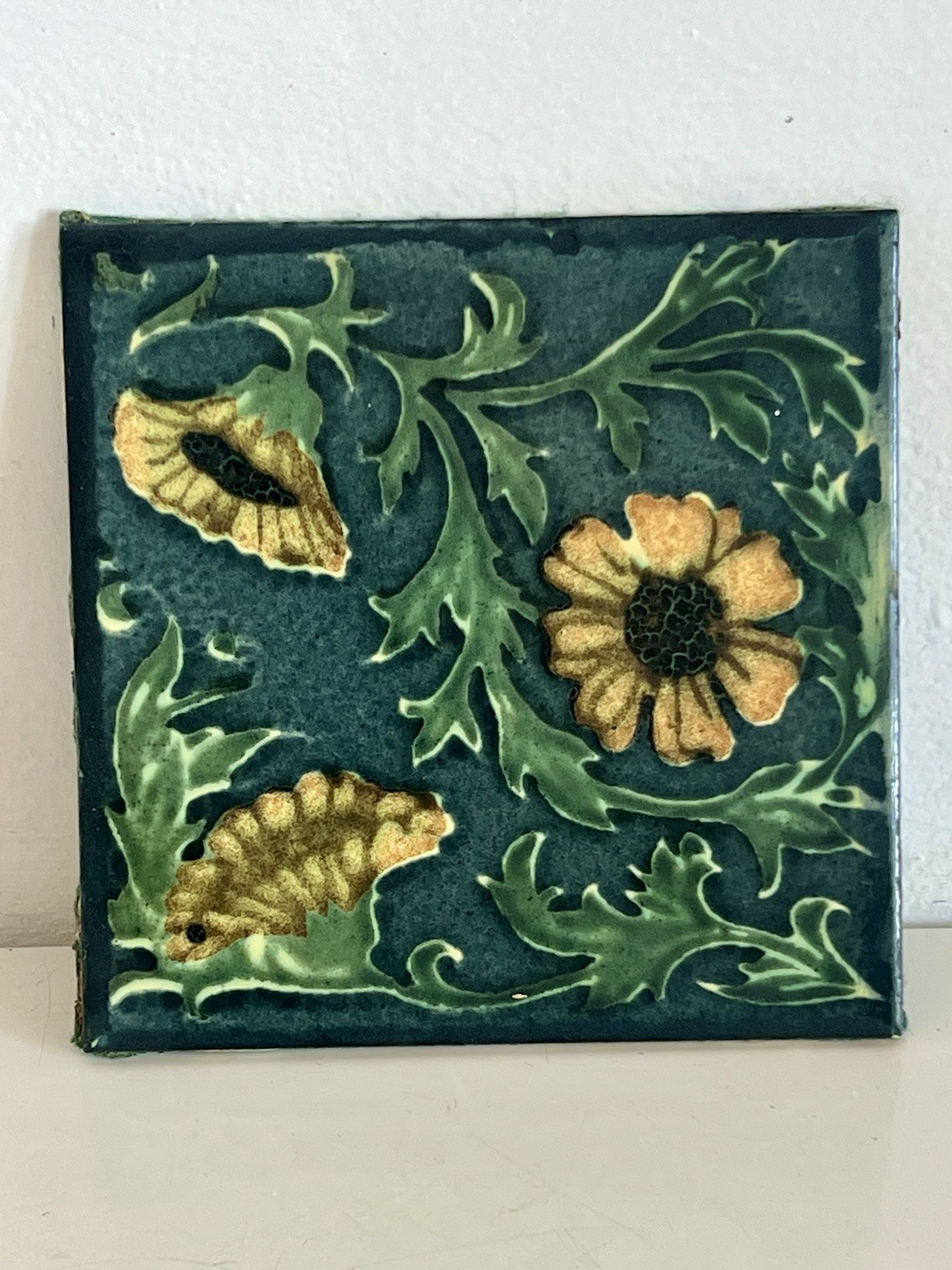 Antique Art Nouveau Tile Majolica Flower Yellow & Green