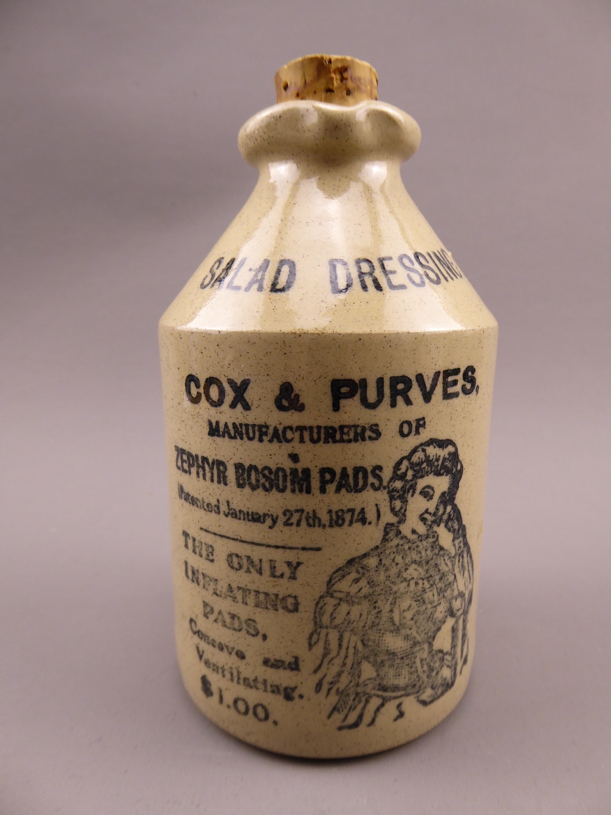 ANTIQUE STONEWARE CROCK COX & PURVES ENGLISH SALAD DRESSING CROCK Advertising