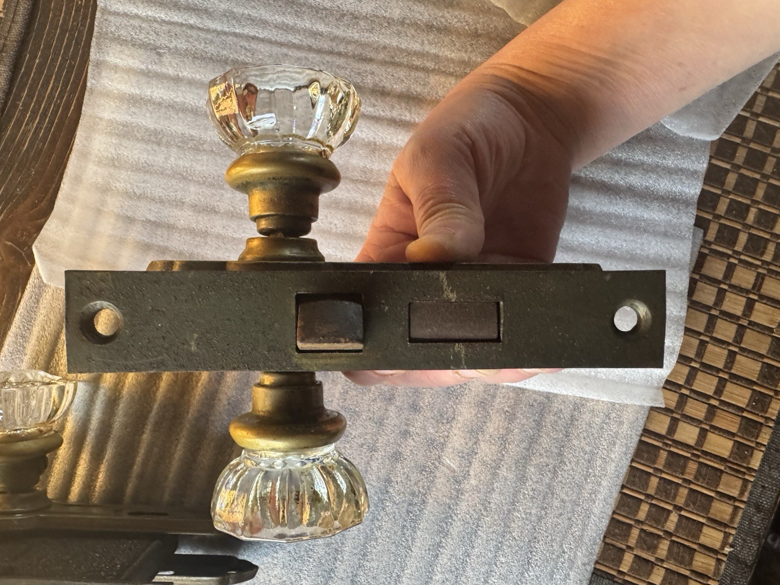 Antique 1920’sCorbin Art Deco Mortise Lockset Pair Glass Doorknobs W/Key
