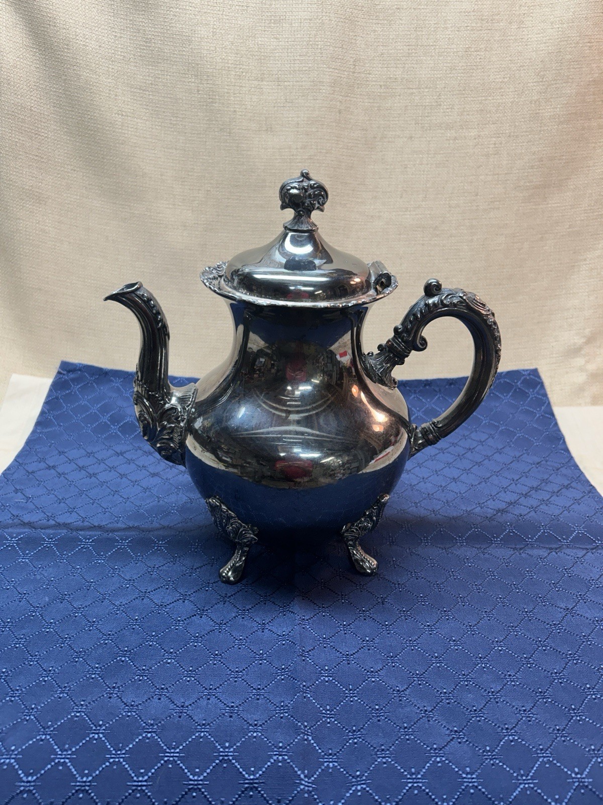 Antique Van Bergh Quadruple Silver Plate Teapot, Rochester NY Ornate Scroll