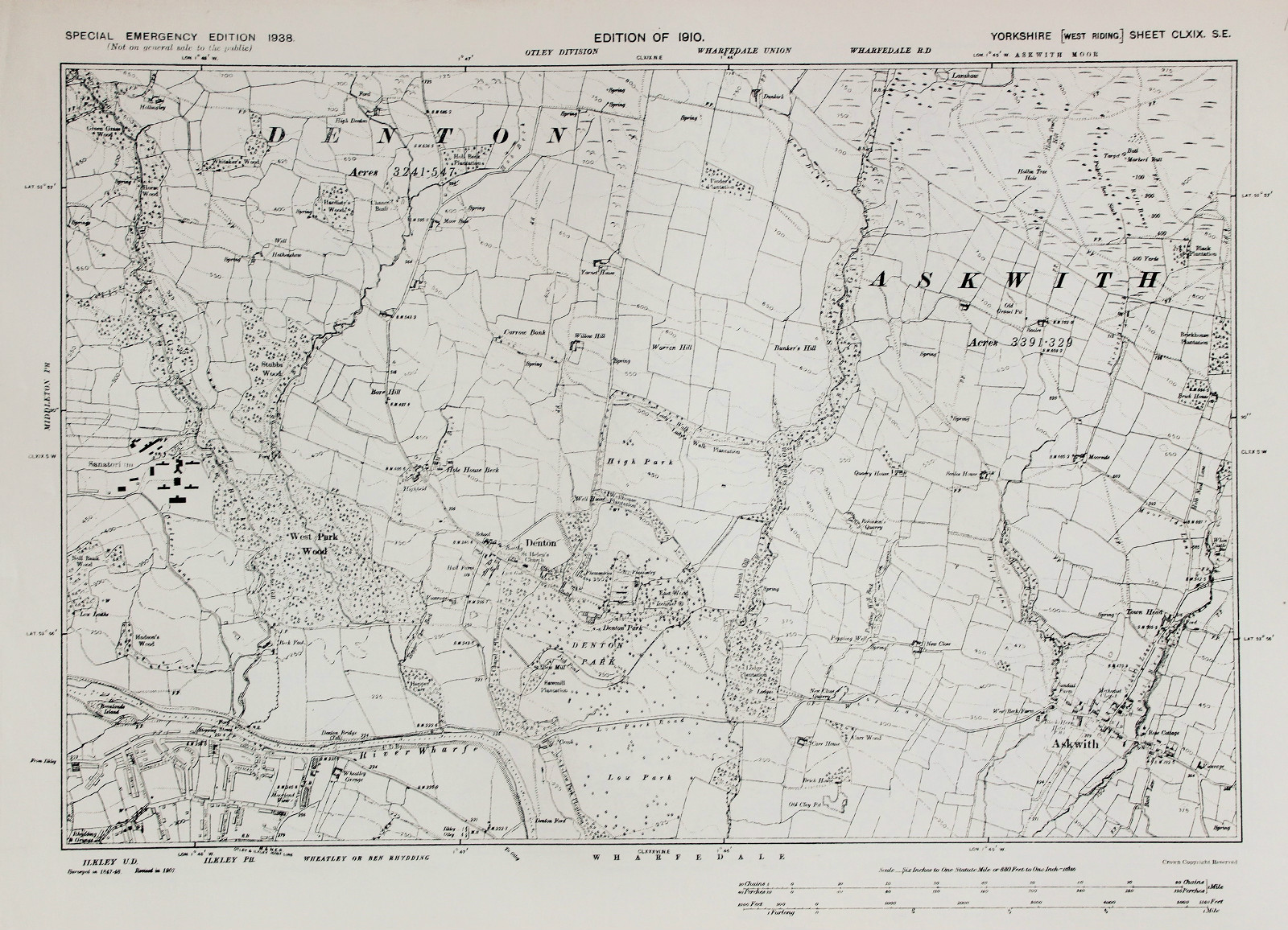 West Yorkshire Map – Ordnance Survey Emergency Edition 1938 – Askwith, Denton