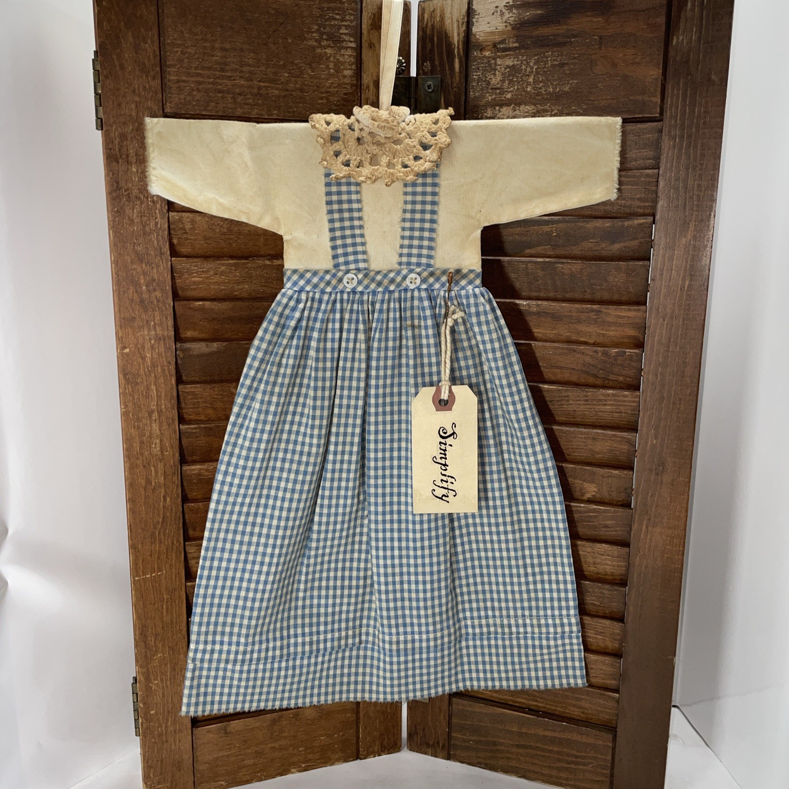 Primitive Grungy Light Blue White Gingham Check Wall Doll Dress Farmhouse Decor