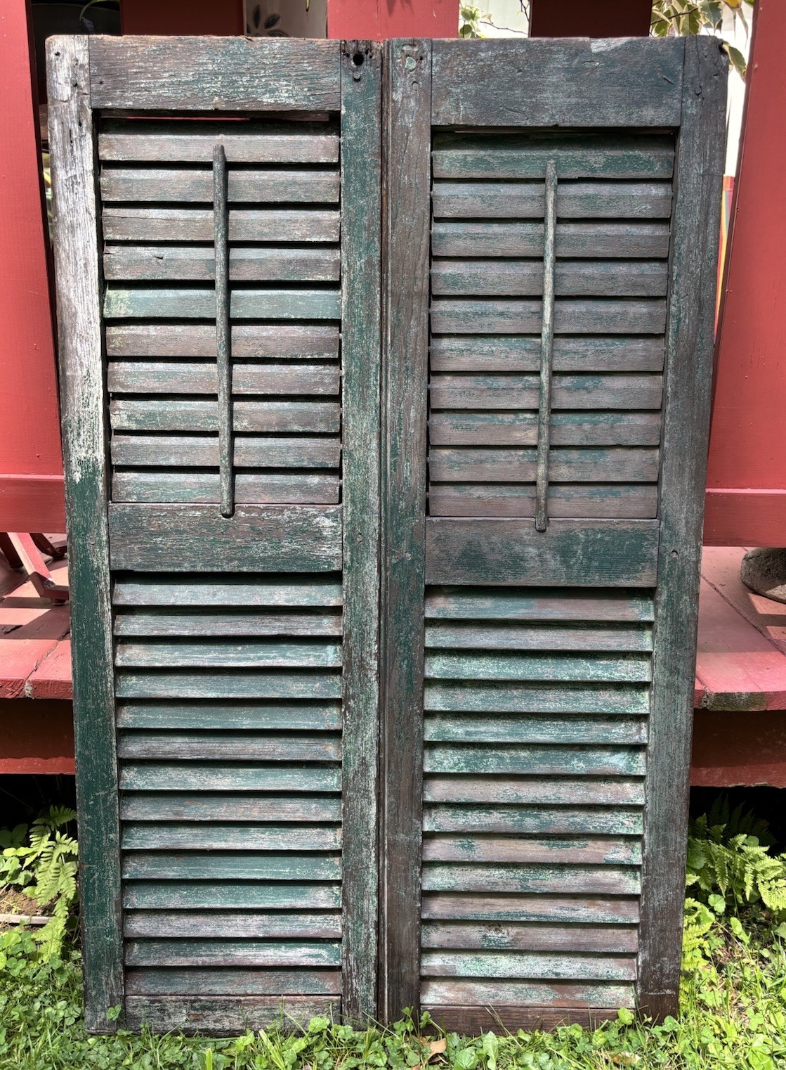 Antique Pair Primitive Wood Louvered Shutters Green Paint Architectural Salvage