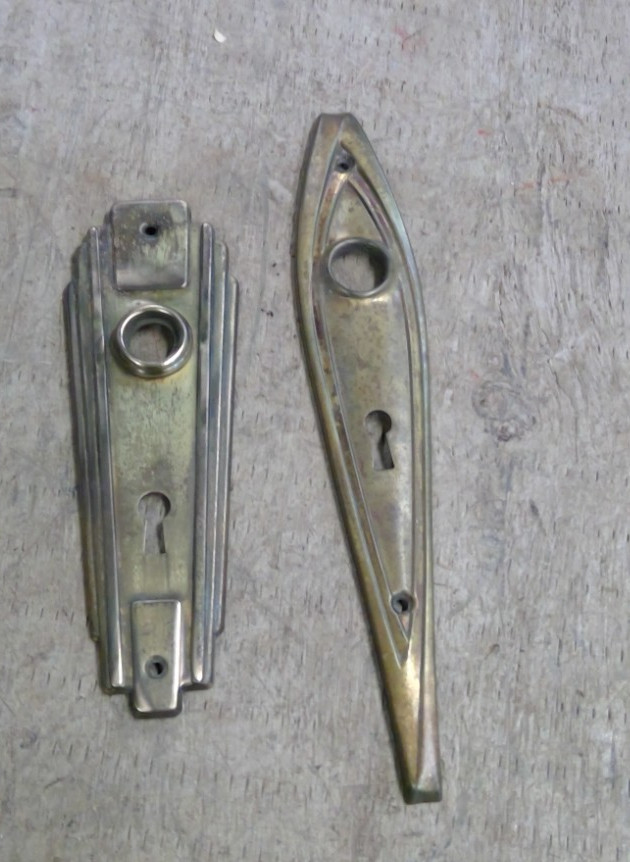 2 Antique Metal Door Knob Back Plates Plate Set Vintage Art Deco Brass Patina