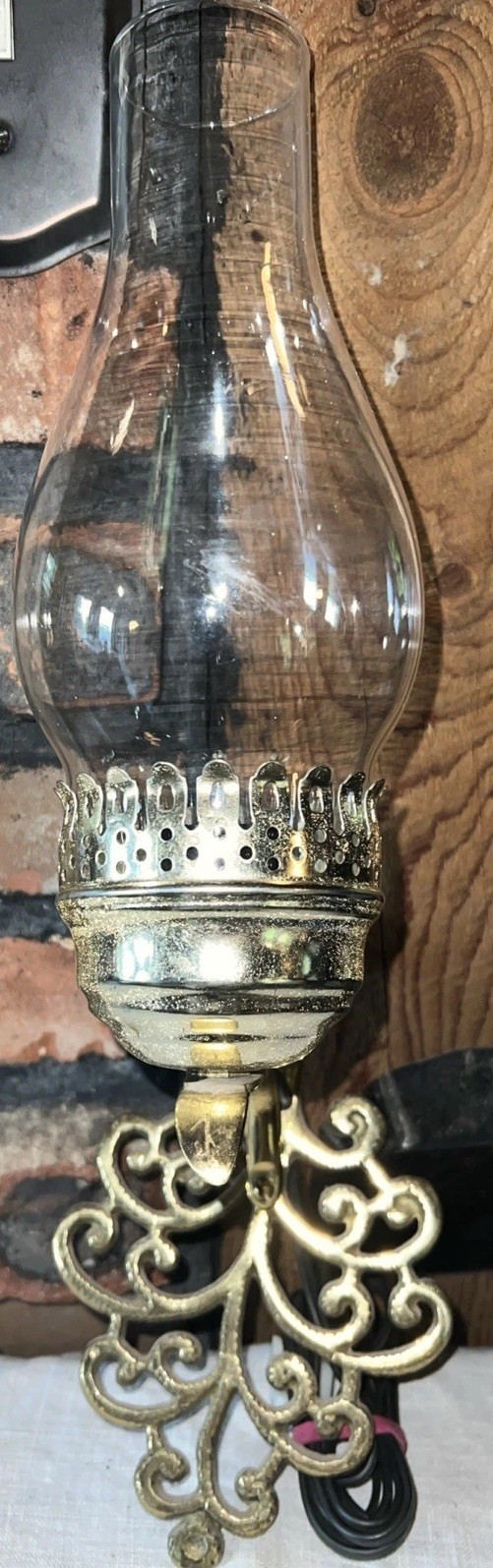 Vintage Sconce Light Fixture Hurricane Glass Brass Scroll Fixture