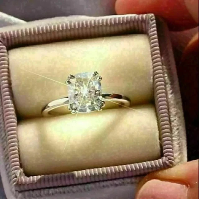 2Ct Cushion Cut Lab Created Diamond 14K White Gold Plated Wedding Solitaire Ring