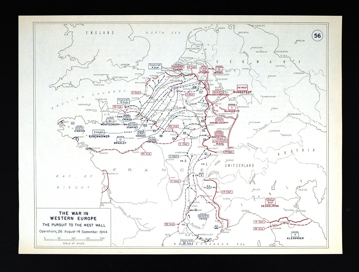 WWII Map 56 Allied Pursuit to West Wall Normandy France Belgium Germany Aug 1944
