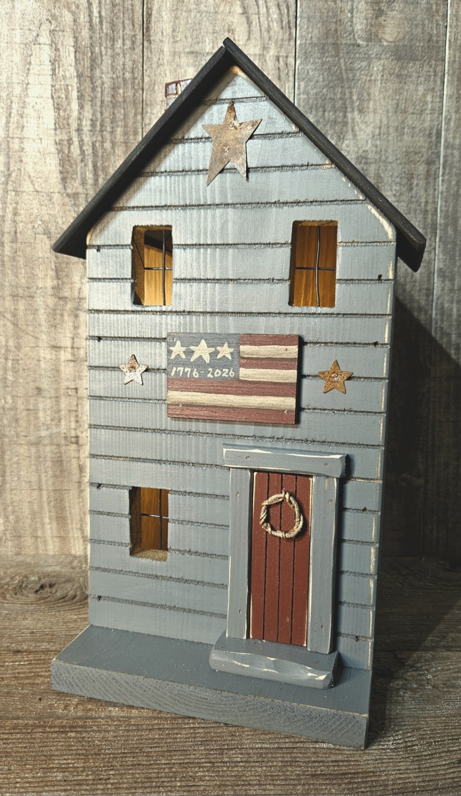 Americana Wooden House ,Rustic Primitive, Farmhouse Villlage Collection Folk Art