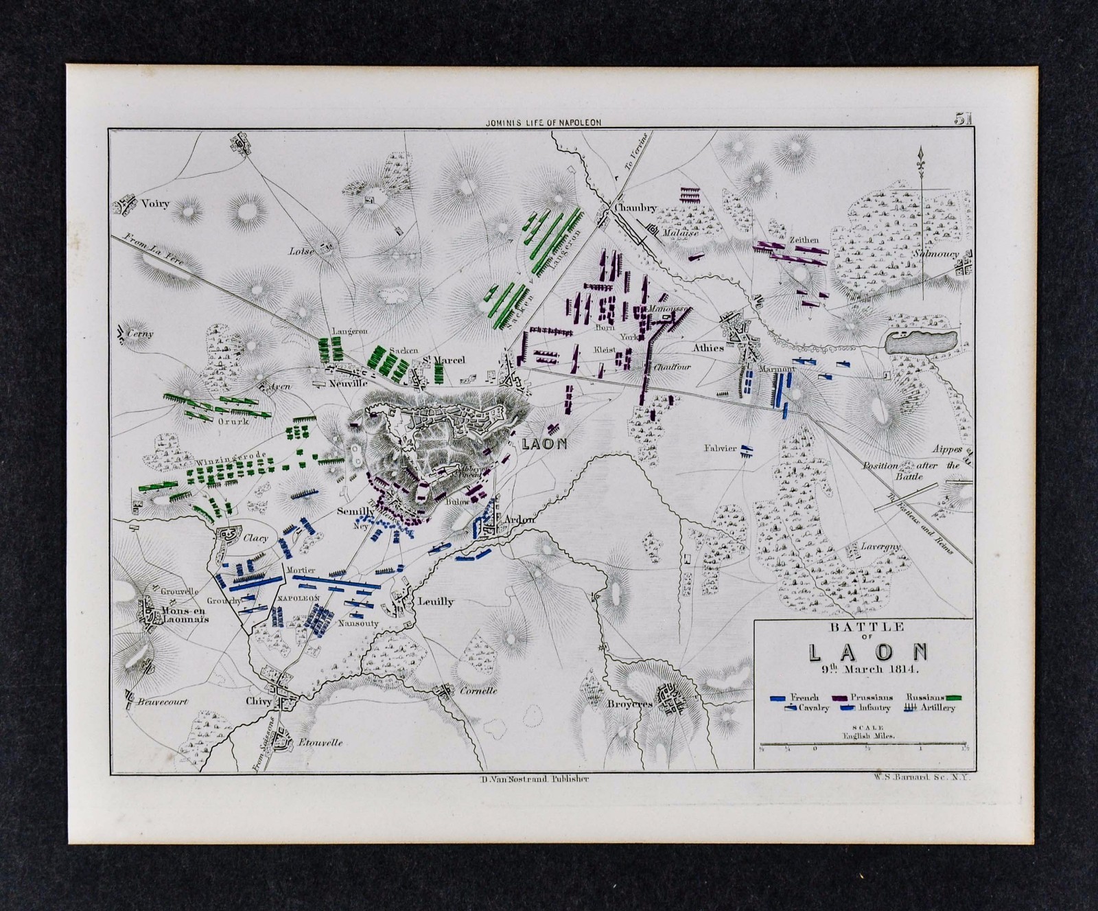 1864 Jomini Napoleon Military Map – Battle of Laon – France Ardon Semilly Athies