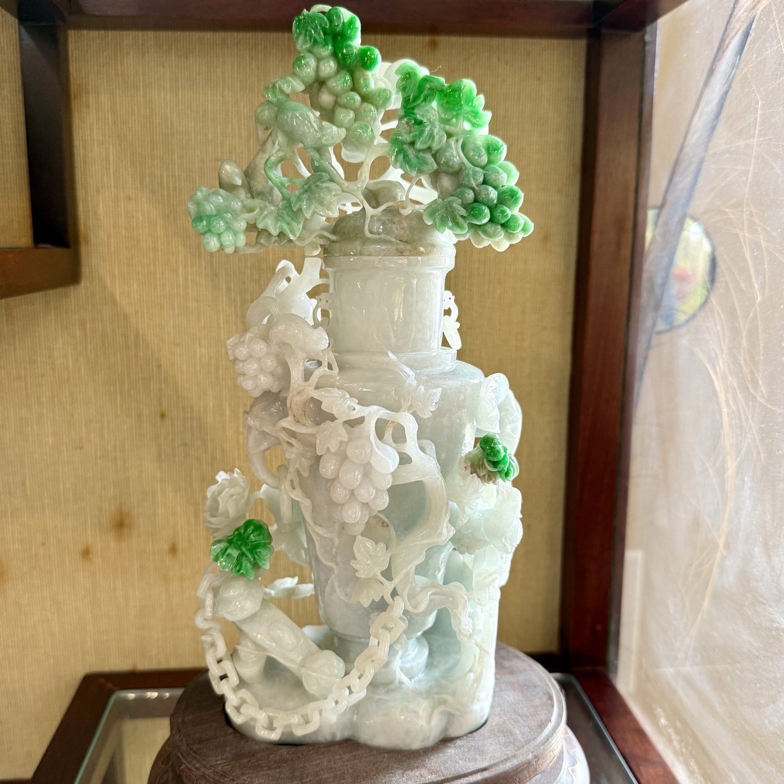 11” Chinese Emerald Imperial Jade Jadeite Flower Pot Squirrel Grape Sculpture