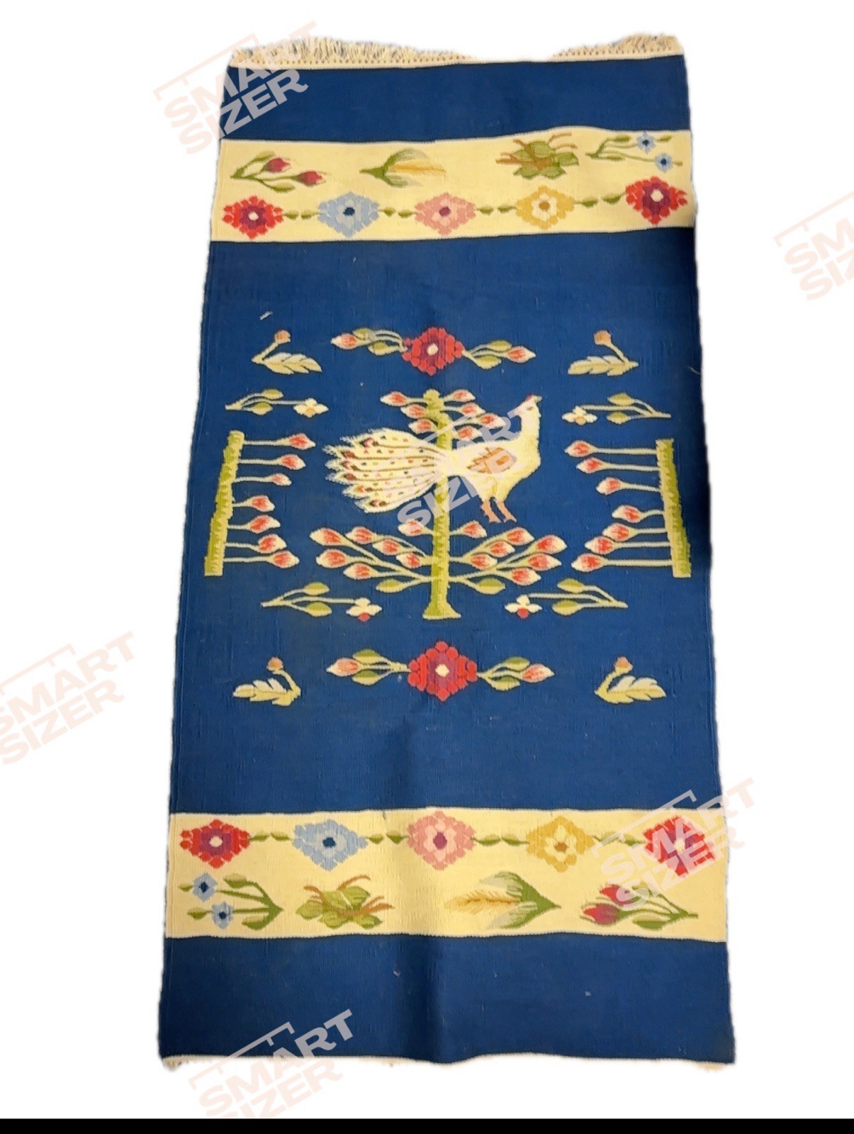 Kilim Flat Handwoven Wool Tapestry Rug Wall Art Floral Peacock Design 20th Cent