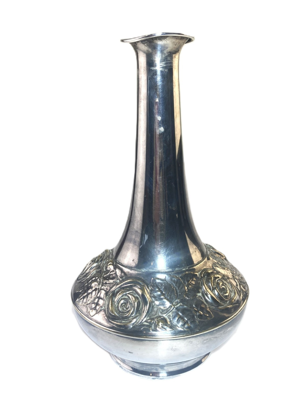 Antique German Early 1900s Art Nouveau Silver Plated Vase J.P. Kayser Sohn Roses