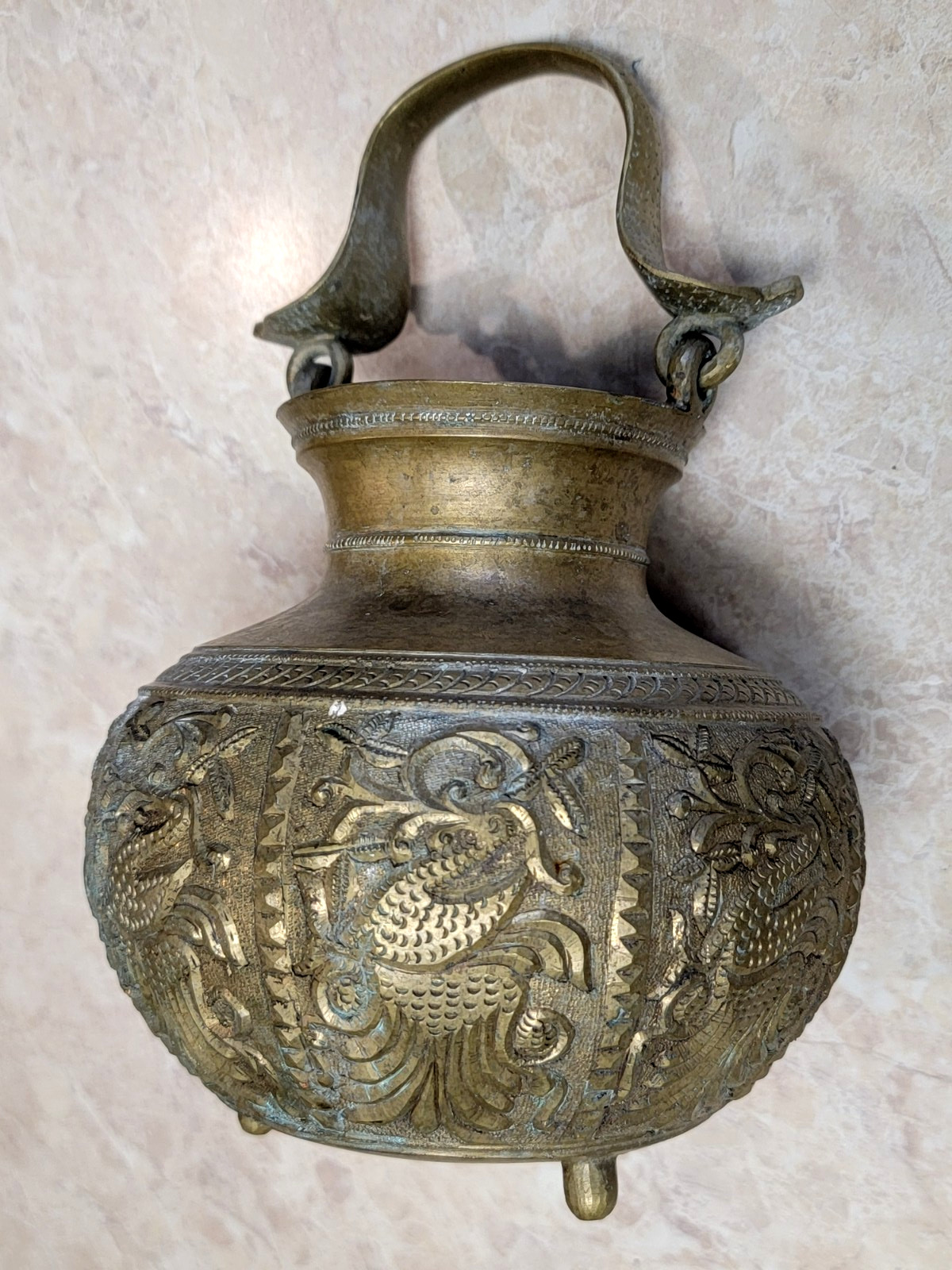 Antique Asian Brass Ceremonial Holy Water Vessel Hinged Handle Patina 3 Footed