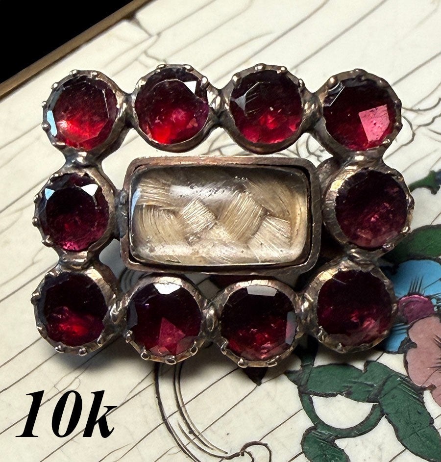 Antique 10k Gold and Flat Facet-cut Garnet Gem Locket Brooch, Mourning a Child