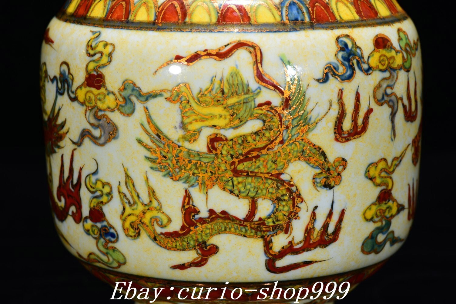 10″ Ming Dou Cai Porcelain Gilt Double Ears Dragon Phoenix Bird Bottle Vase Pair