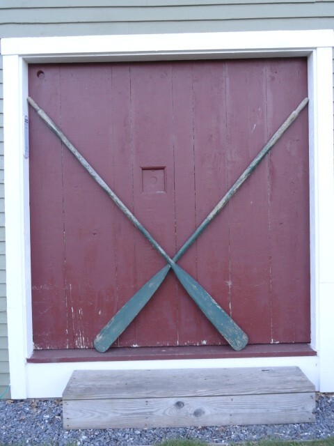 Antique Boat Oars 7 1/2′ Long Wonderful Old Green Paint Decorative Copper Tips