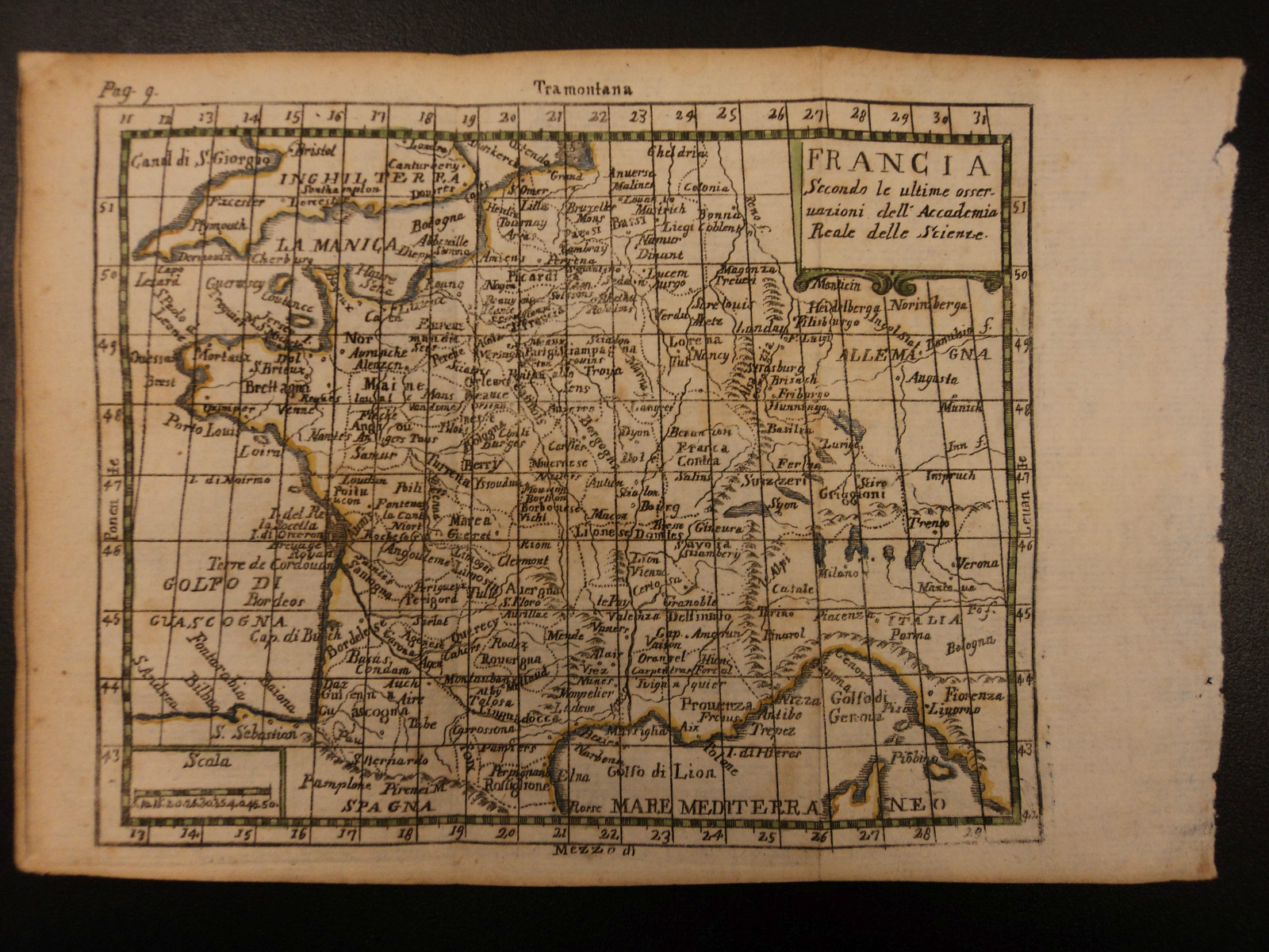 1742 Color Copper MAP of FRANCE Paris English Channel Francia 15 X 22cm