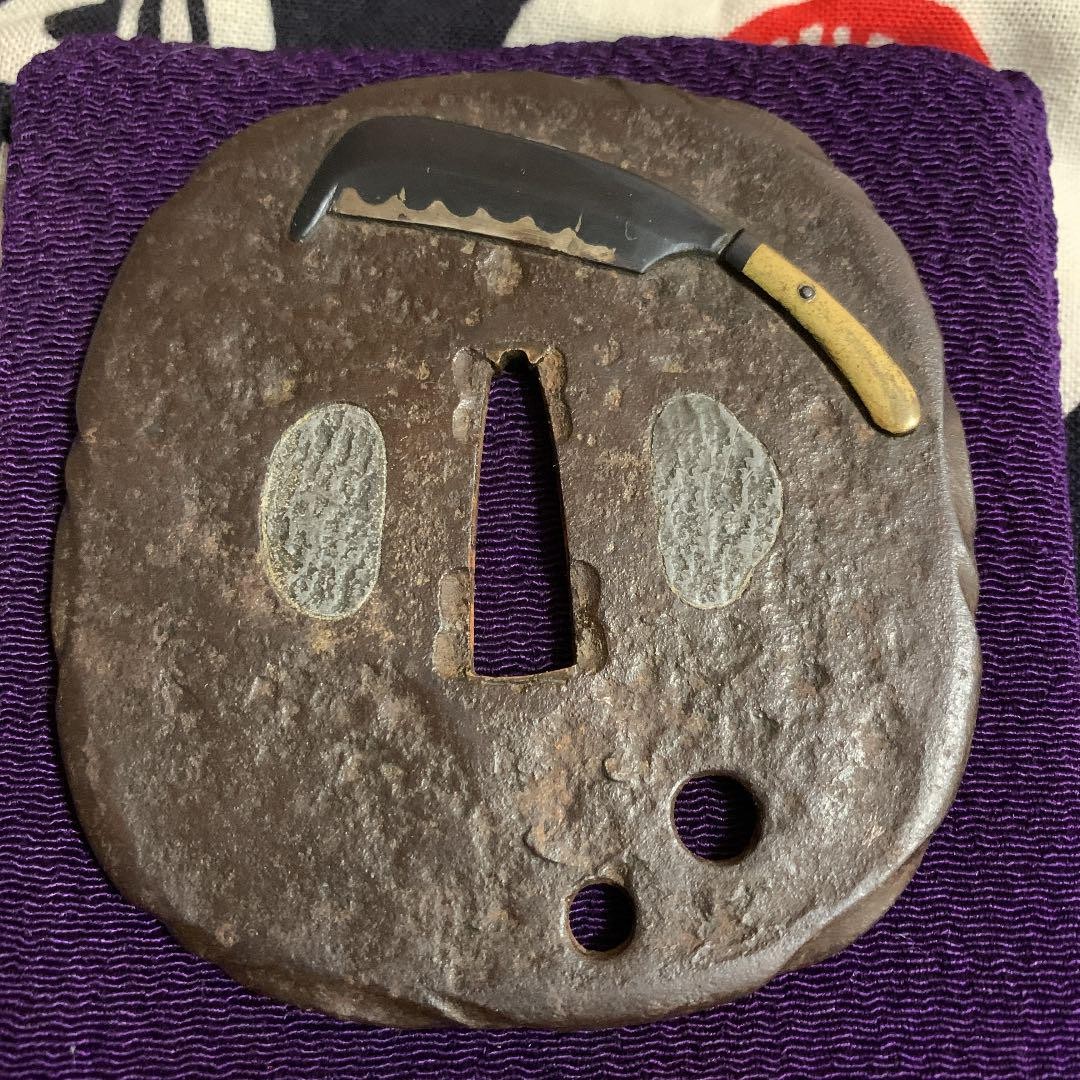 Japanese Tsuba by Aizu Shoami Nata Hatchet Motif Inlay Work Rare Edo Sword Guard