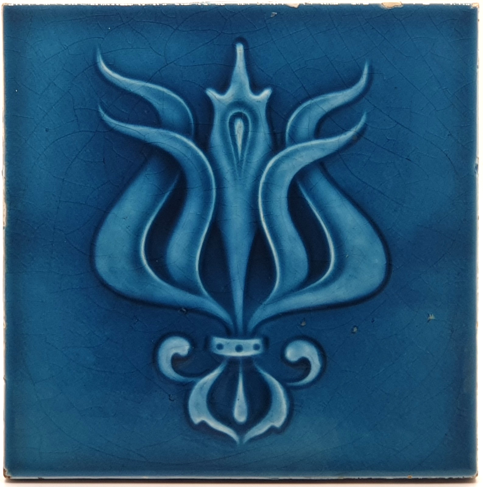 Antique Fireplace Majolica Tile Blue Floral Design by Henry Richards 1900