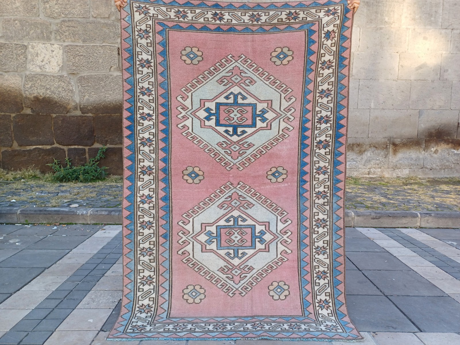 Vintage pink blue Area Rug 4.04 x 6.23 ft , 4×6 Handmade Wool Rug 123 x 190 cm