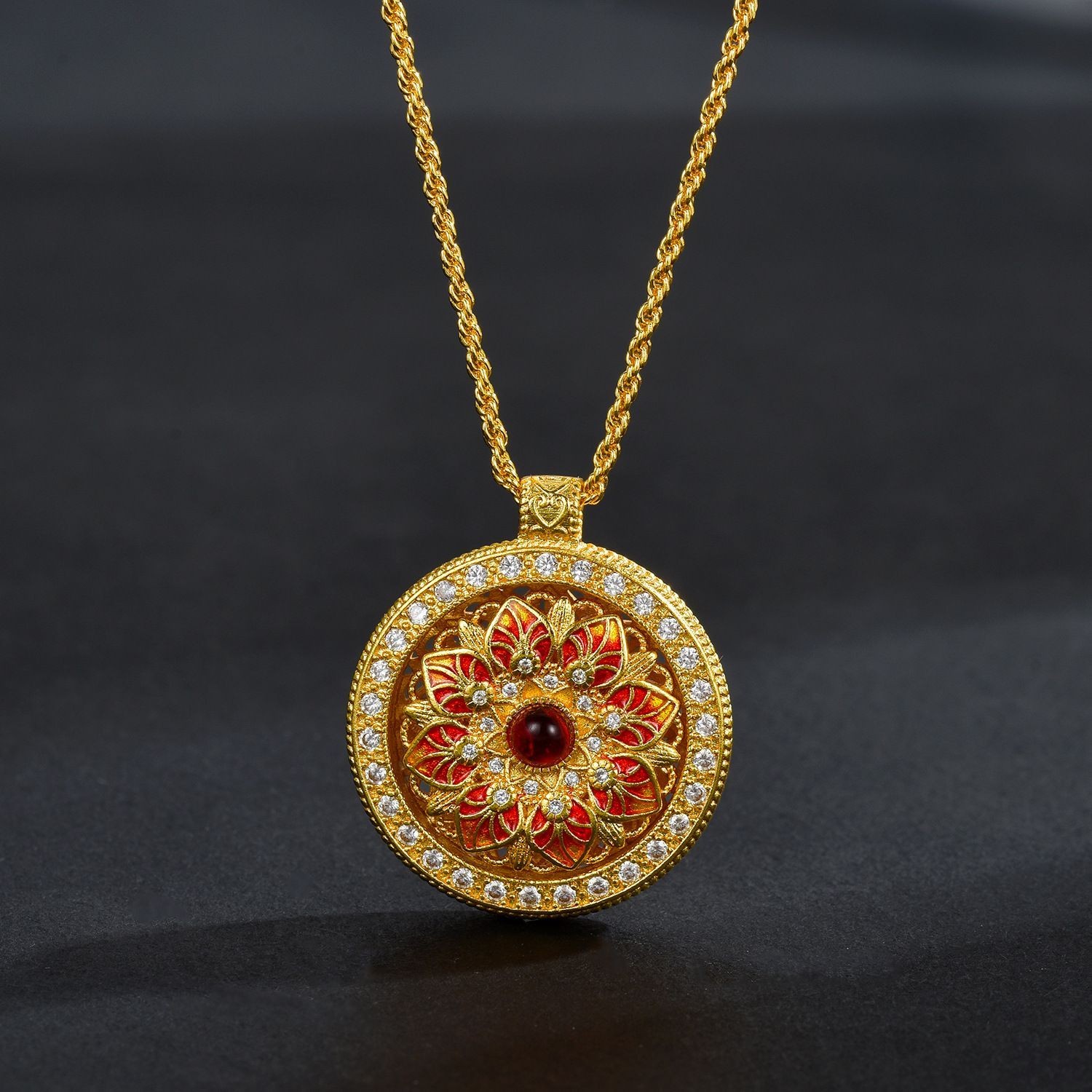 Gold-Plated Enamel Lotus Compass Pendant Necklace with Gemstones Rotating Charm