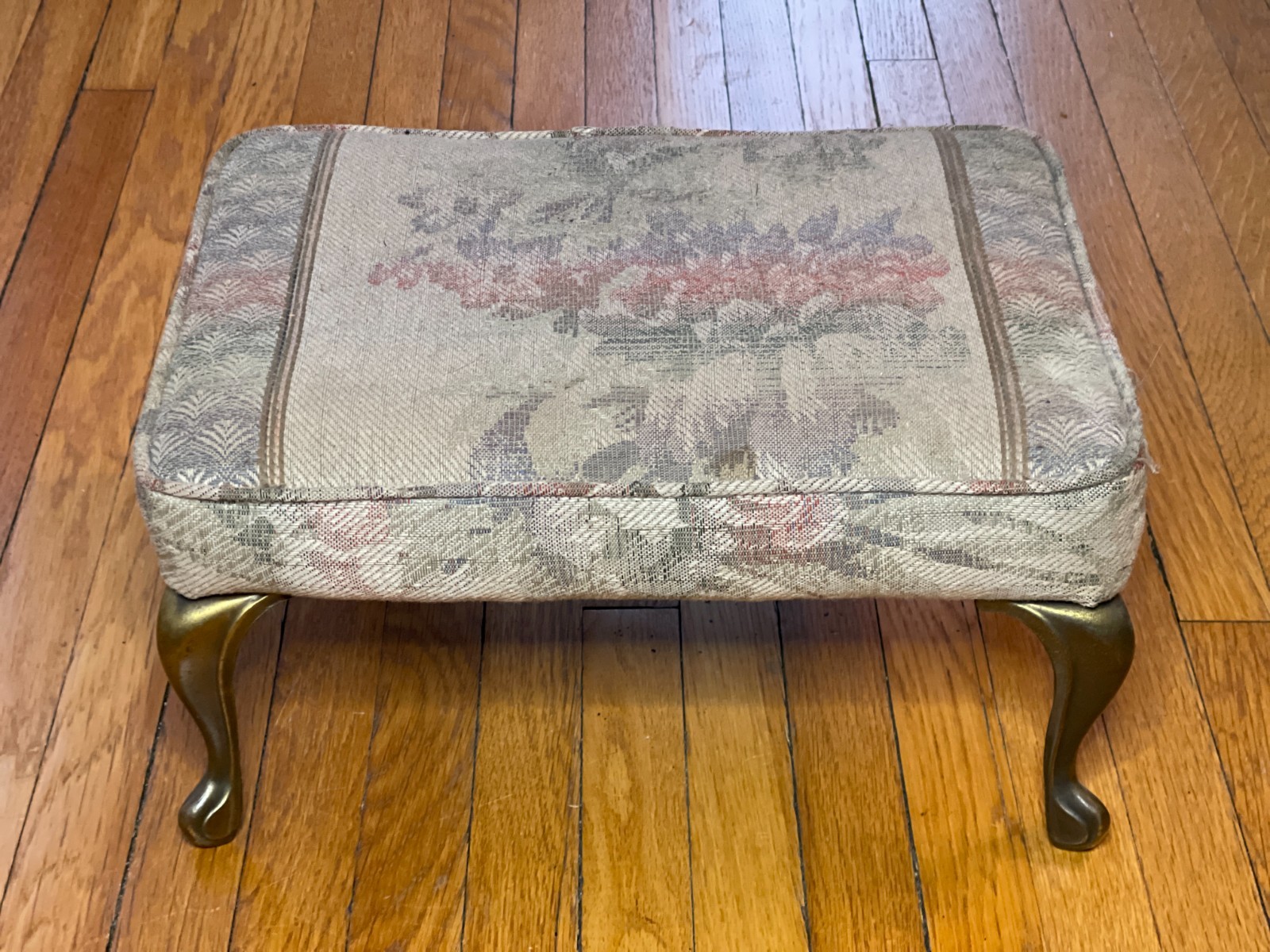 Queen Anne Style Foot Stool Brass Cabrioole Legs Floral Tapestry Vintage