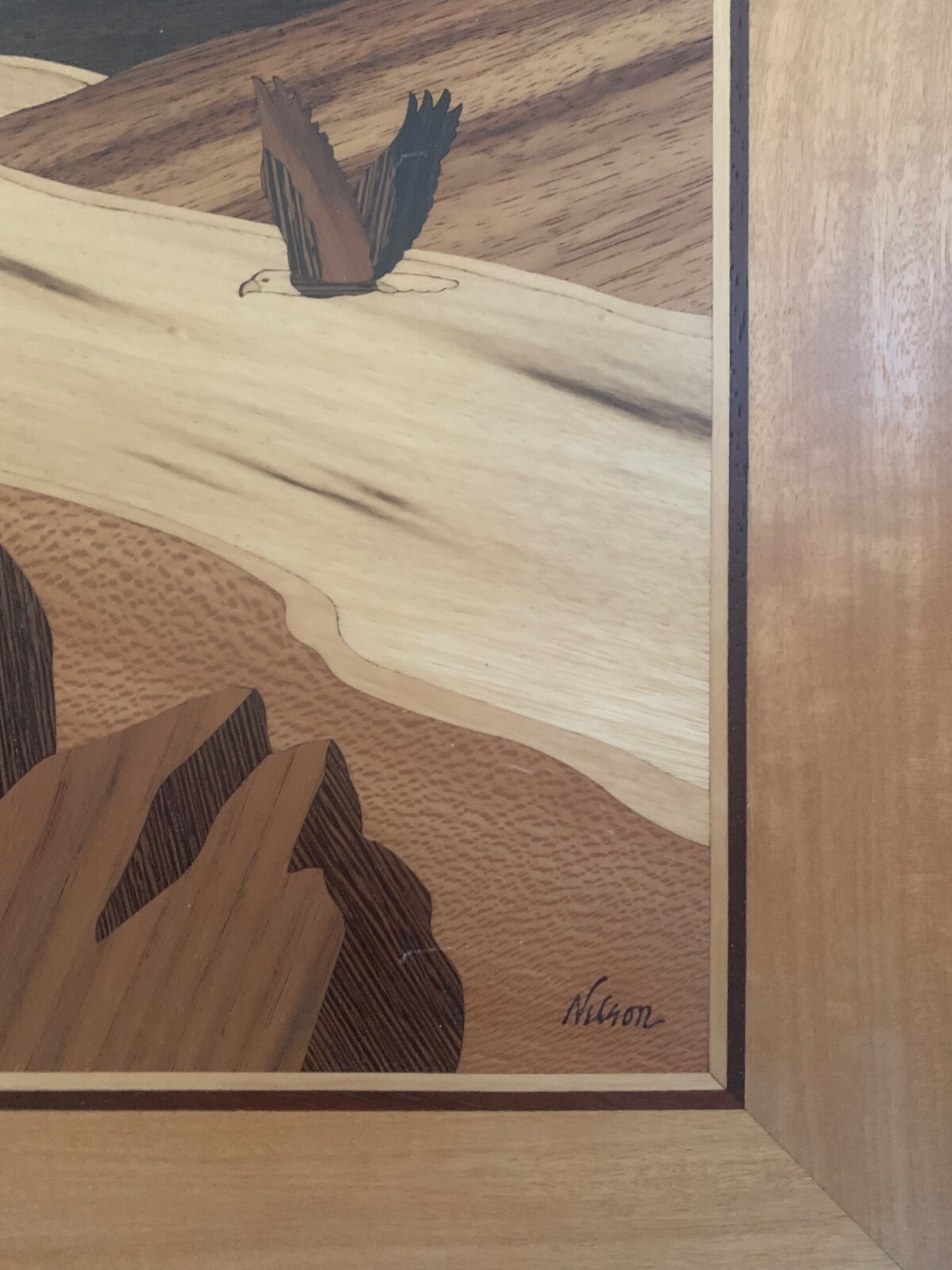 HUDSON RIVER INLAY PICTURE – JEFF NELSON-SOARIN EAGLE – WOOD MARQUETRY – 24 X 28