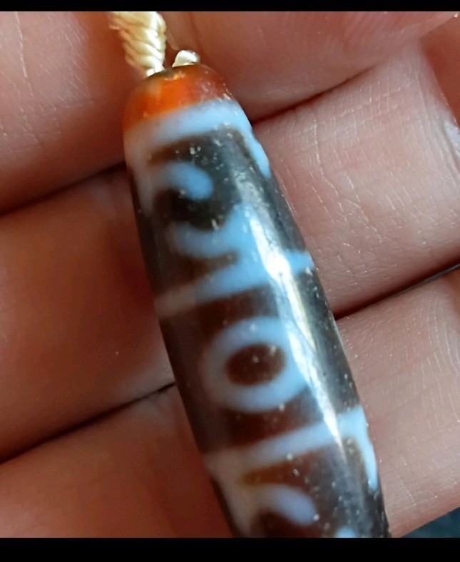 Tibetan Agate/ Hetian Jade Pre 1800s Lianshi 3 Eye Dzi Bead Prayer Necklace