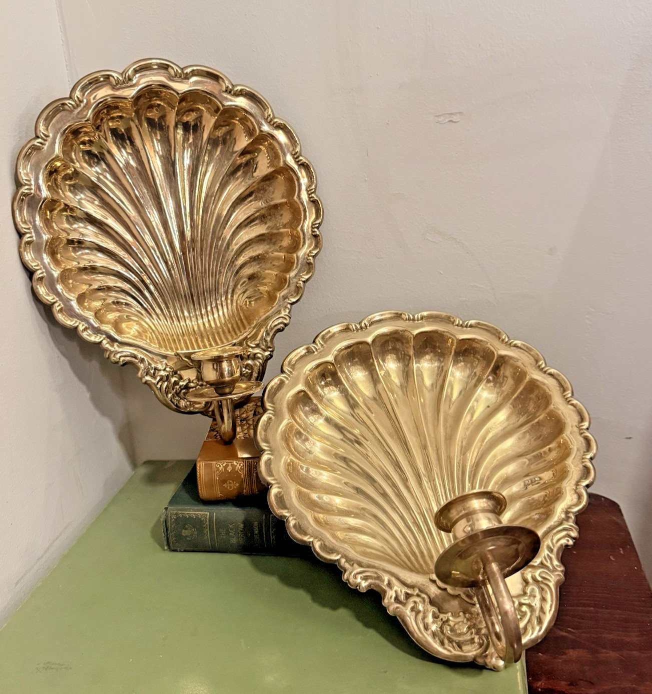 Pair Large Brass Shell Wall Sconces | Rococo Revival | Hollywood Regency